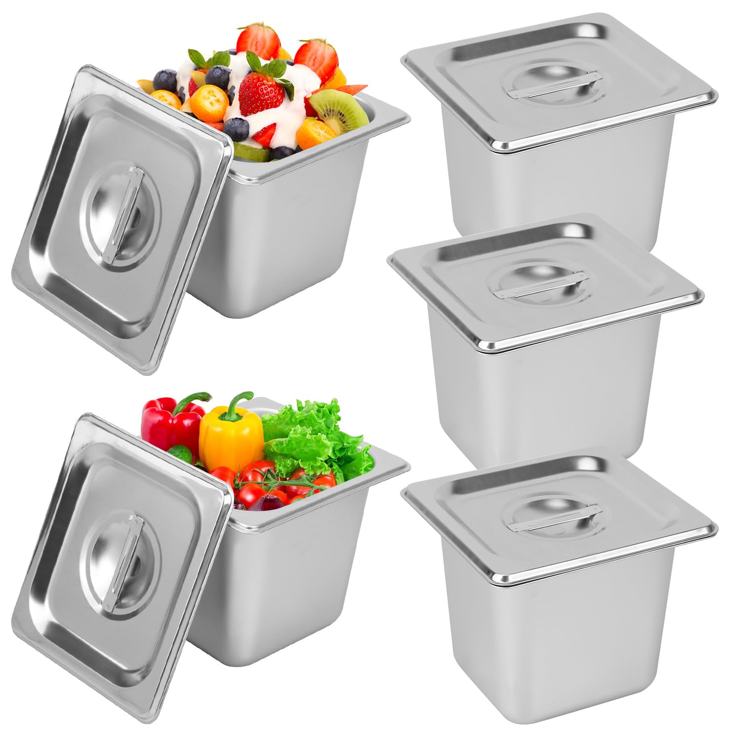 5 Pack, 1/6 Size Stainless Steel Steam Table Pan with Lid, 6 Inch Depth Hotel Pans for Weddings, Parties, Restaurants, Cafeterias and Hotels