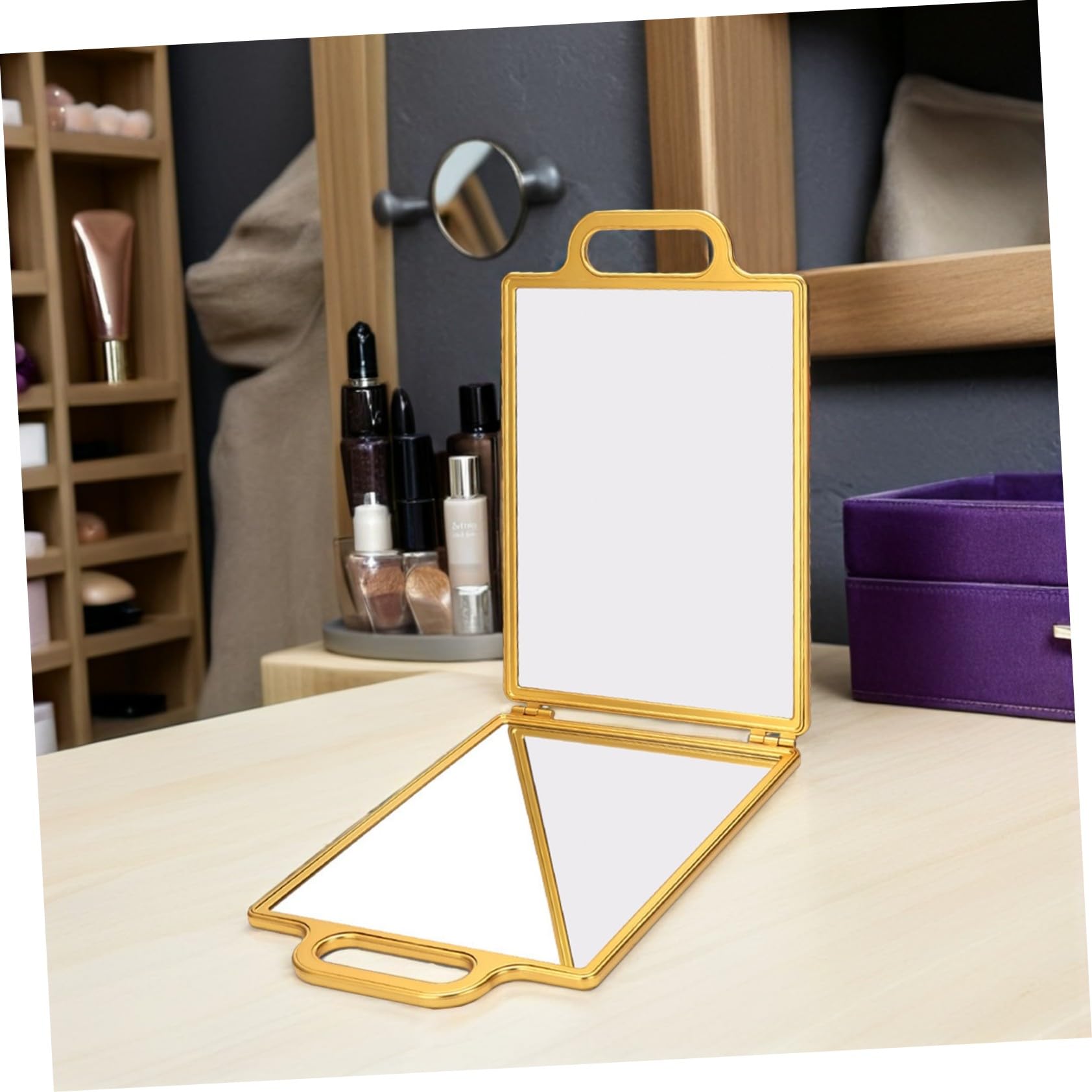 Mikinona Miroir Pliant Doré Double Face Format Compact Professionnel pour Coiffure Salon De Beauté Et Maquillage Portable De Voyage