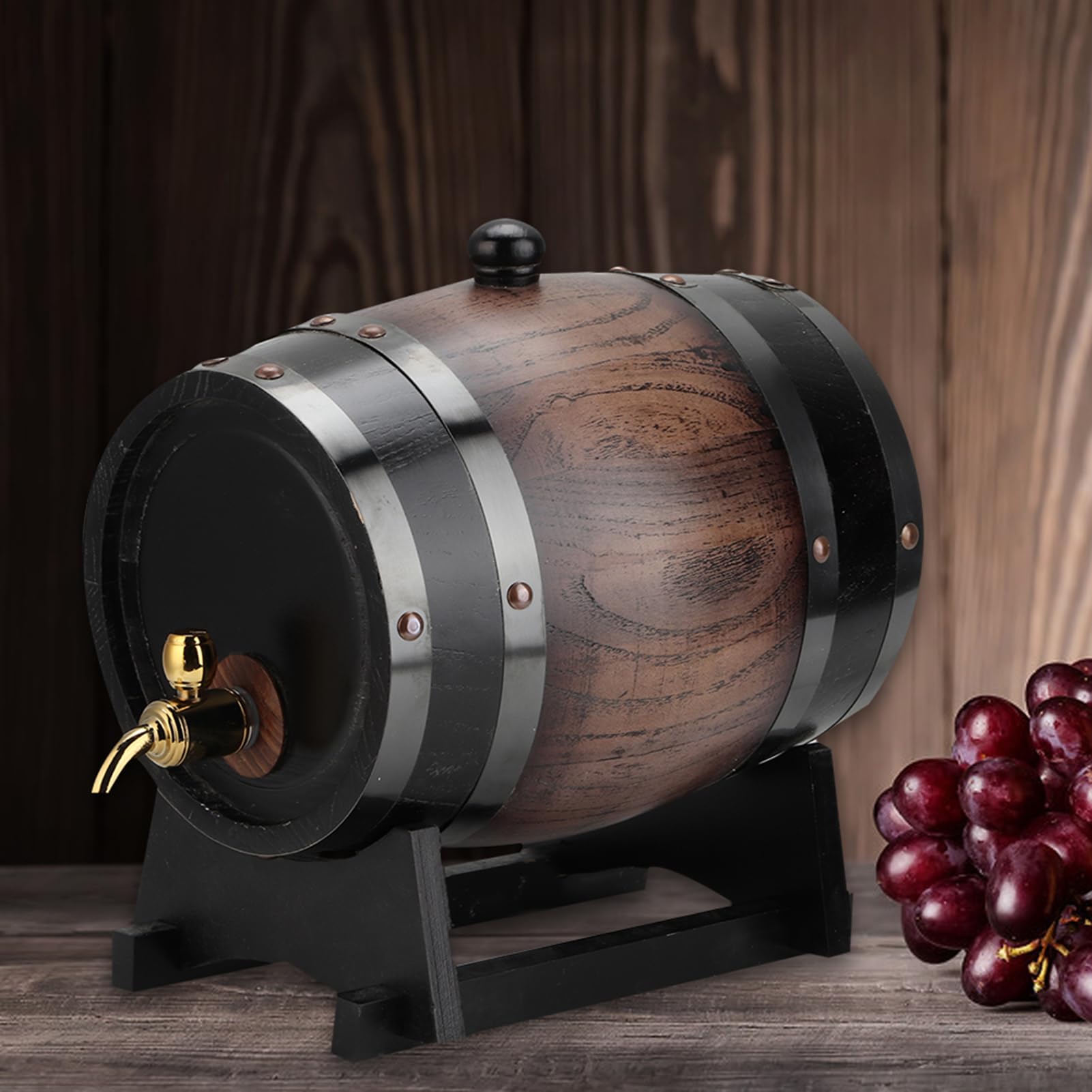 Wooden Wine Barrel, 3L Oak Barrel, Black Red Wine, Oak Barrel Bucket with Tap for Brandy Whiskey, Aluminum Foil Protective Lick