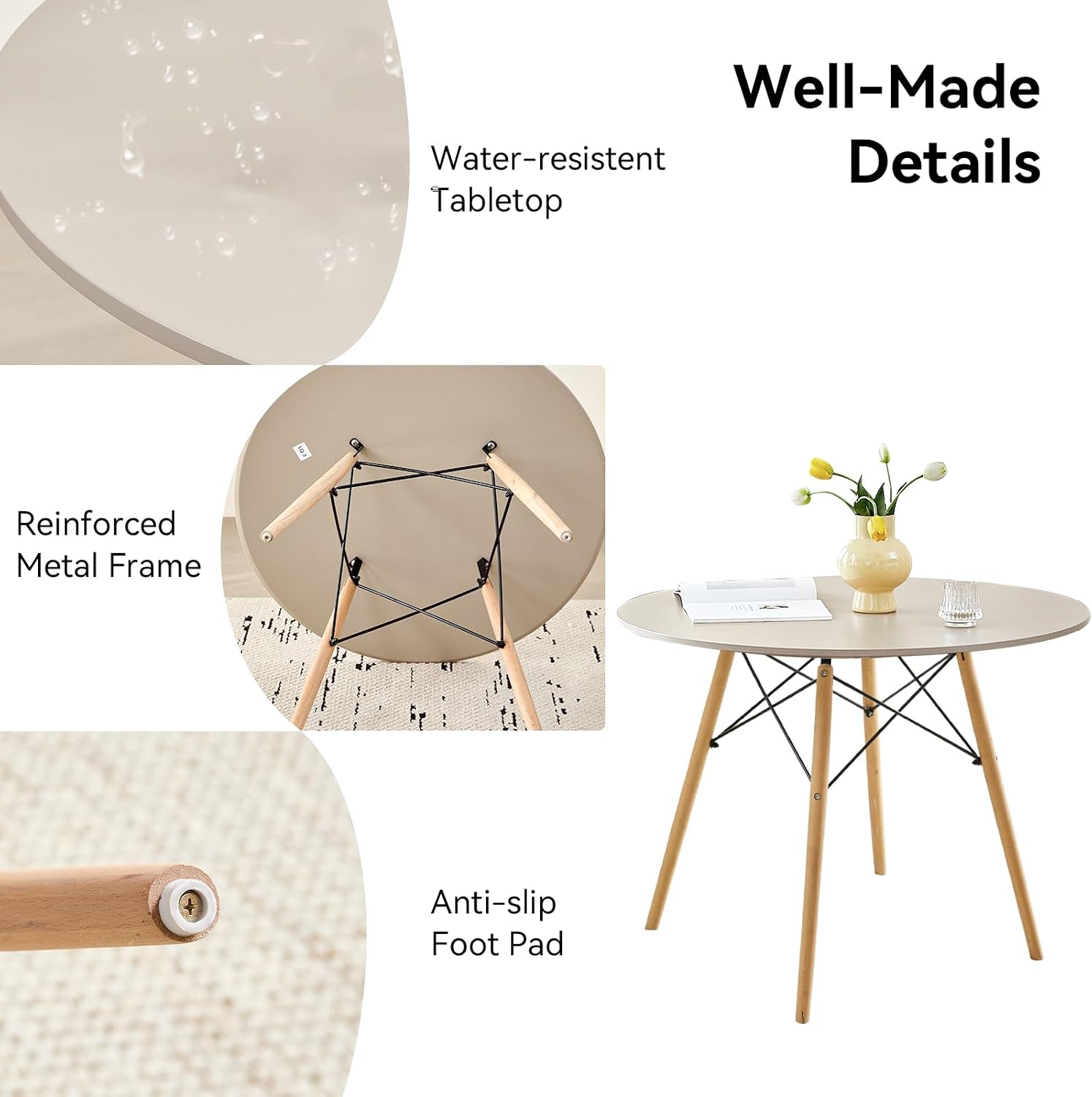 5-Piece Round Dining Table Set, Small 35.5" Kitchen Table Chairs Set of 4 Space Saving Furniture, Plastic Seats, Solid Wood Legs, for Living Room Apartment Office Home, Sand