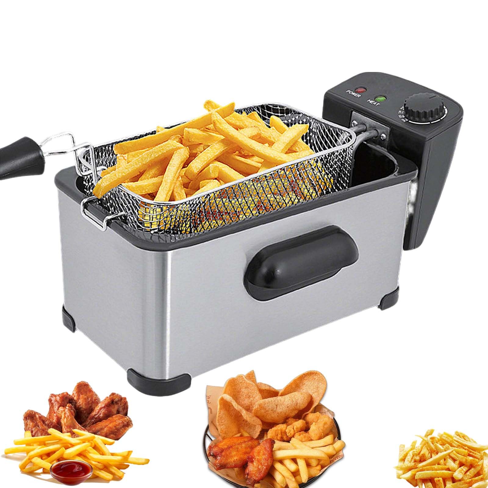 Frytkownica XoTiq, pojemność 3,5 litra, regulowana kontrola temperatury, moc 2000 W, konstrukcja ze stali nierdzewnej, łatwe czyszczenie, wyjmowany kosz, idealna do frytek i kurczaka, srebrna