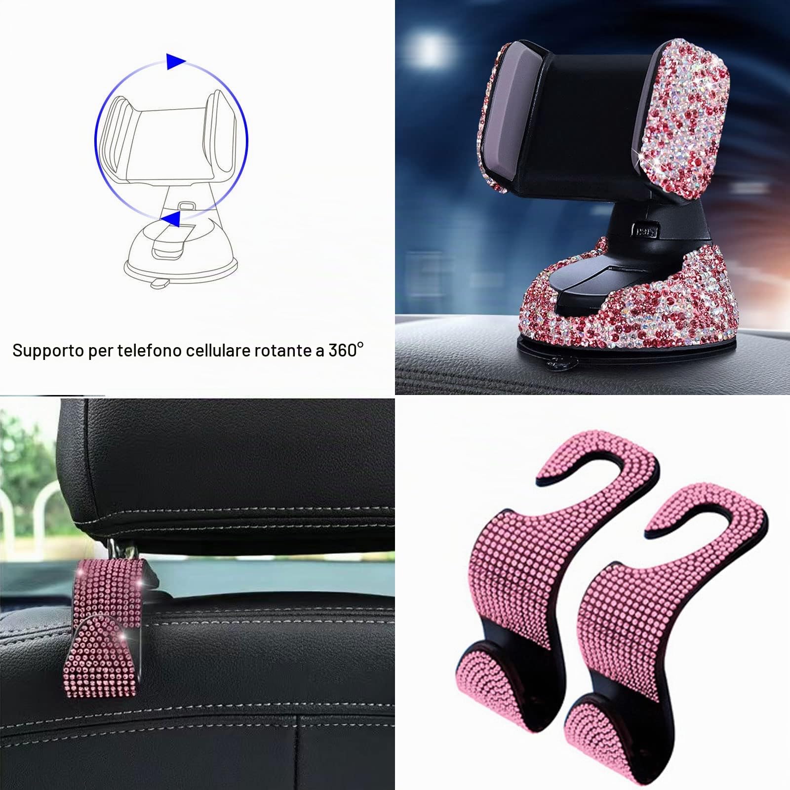 hifrom - Set di 20 accessori brillantini per auto, per interni e donne, accessori brillantini per auto, porta occhiali brillantini da donna, supporto brillantini per cellulare, anello brillantini di