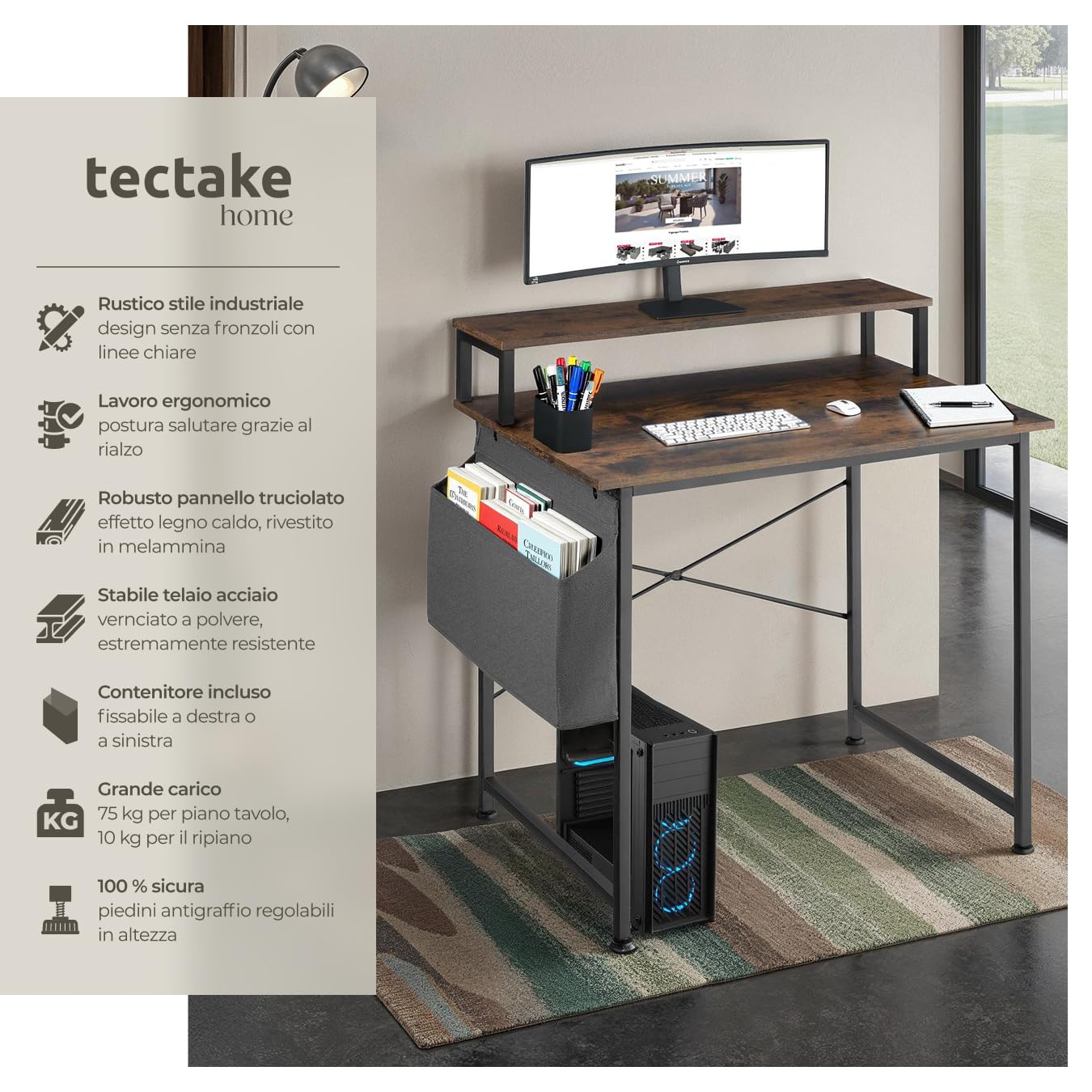 tectake® Scrivania 80x55x90cm con Ripiano rialzato per Monitor, Scrivania Gaming per Casa e Ufficio, Ideale Computer Portatile o Computer Fisso, Piedini Regolabili, Stile Industriale - Legno Scuro
