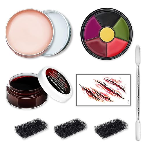 Kit de maquillaje de vampiro zombi de efectos especiales de Halloween, gel de sangre falsa + kit de maquillaje de pintura corporal de 6 colores +