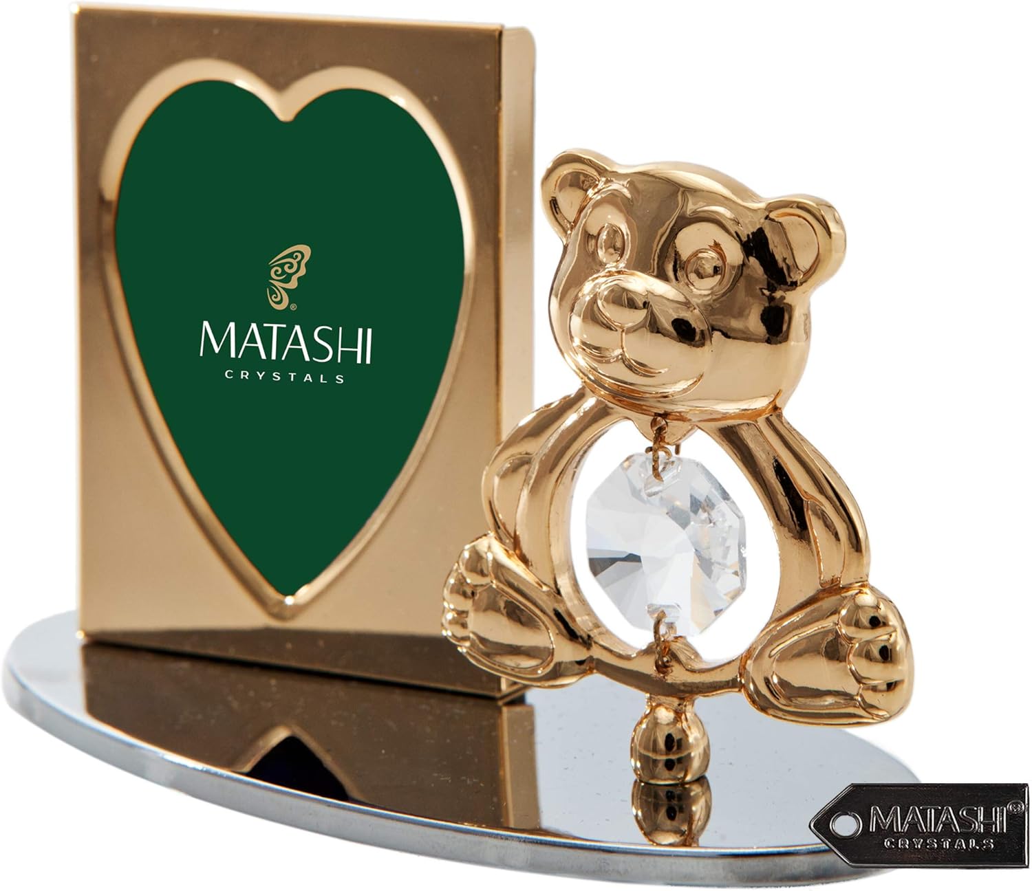 Matashi 24k Gold Plated Picture Frame Desk Set with Crystal Studded Teddy Bear Figurine on Base Decorative Tabletop Living Room Showpiece Gift for Christmas Birthday Valentine's Day Anniversary