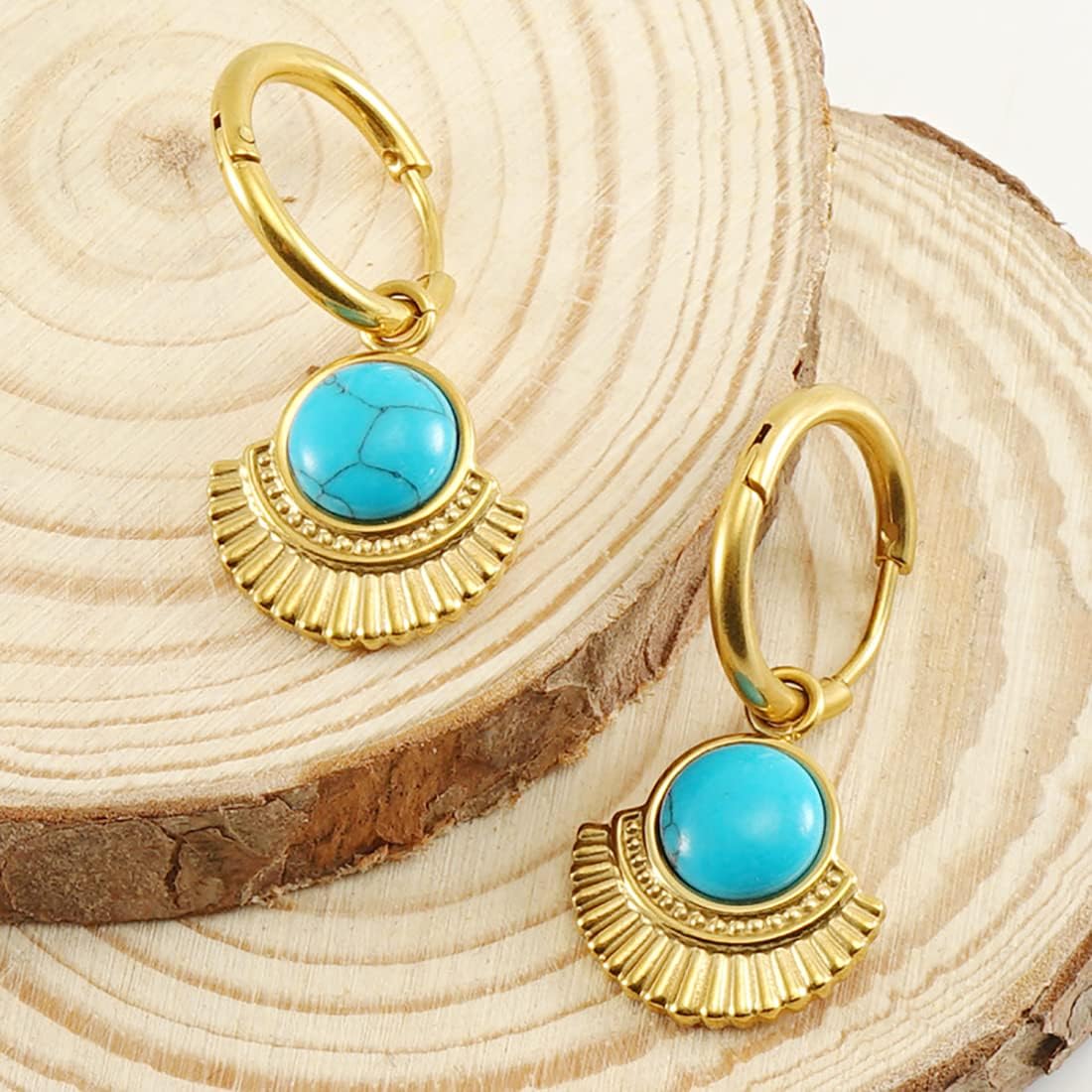 18K Gold Plated Minimalist 316L Titanium Steel Turquoise Hoop Earrings Jewelry