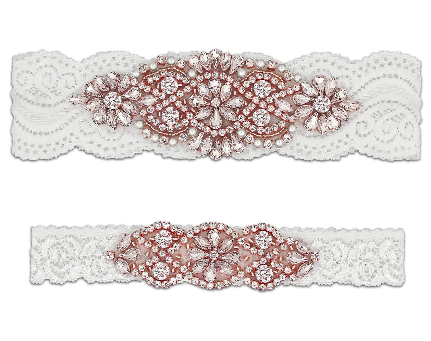GARGALAWedding Garters for Bride with Non-Slip Silicone, Lace Bridal Garter Set with Clear Rhinestones Crystal Pearl