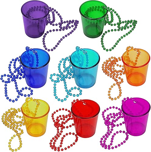 8 piezas de cristal de chupito de Navidad en collar de cuentas, collar de plástico colorido transparente taza de chupito, despedida de soltera,