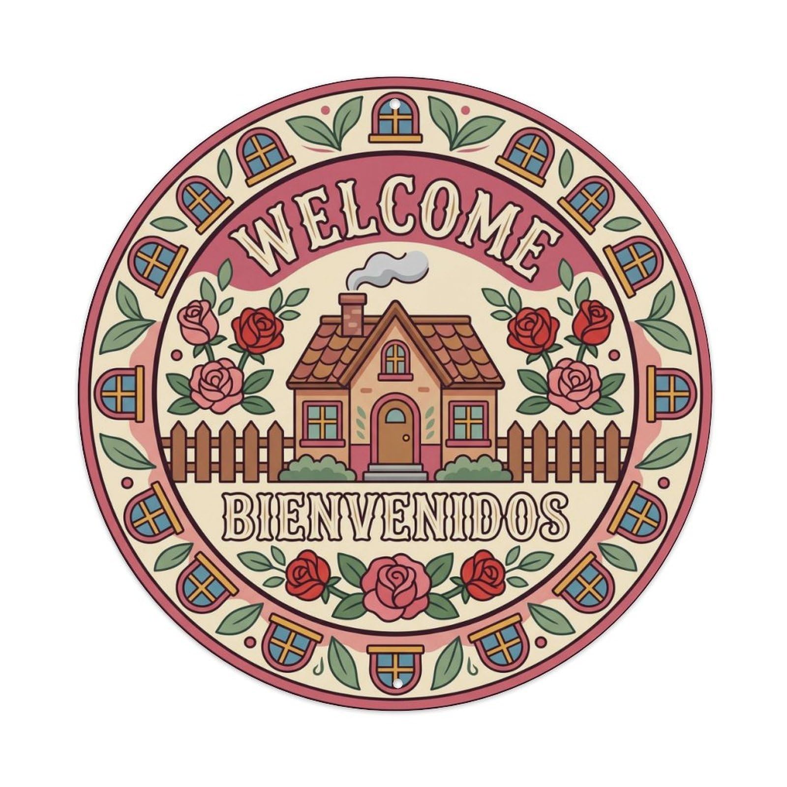 Welcome Cottage Decoration Metal Tin Sign Plaque Wall Decor for Cafe, Club, Garden Round Metal Poster 8x8Inch