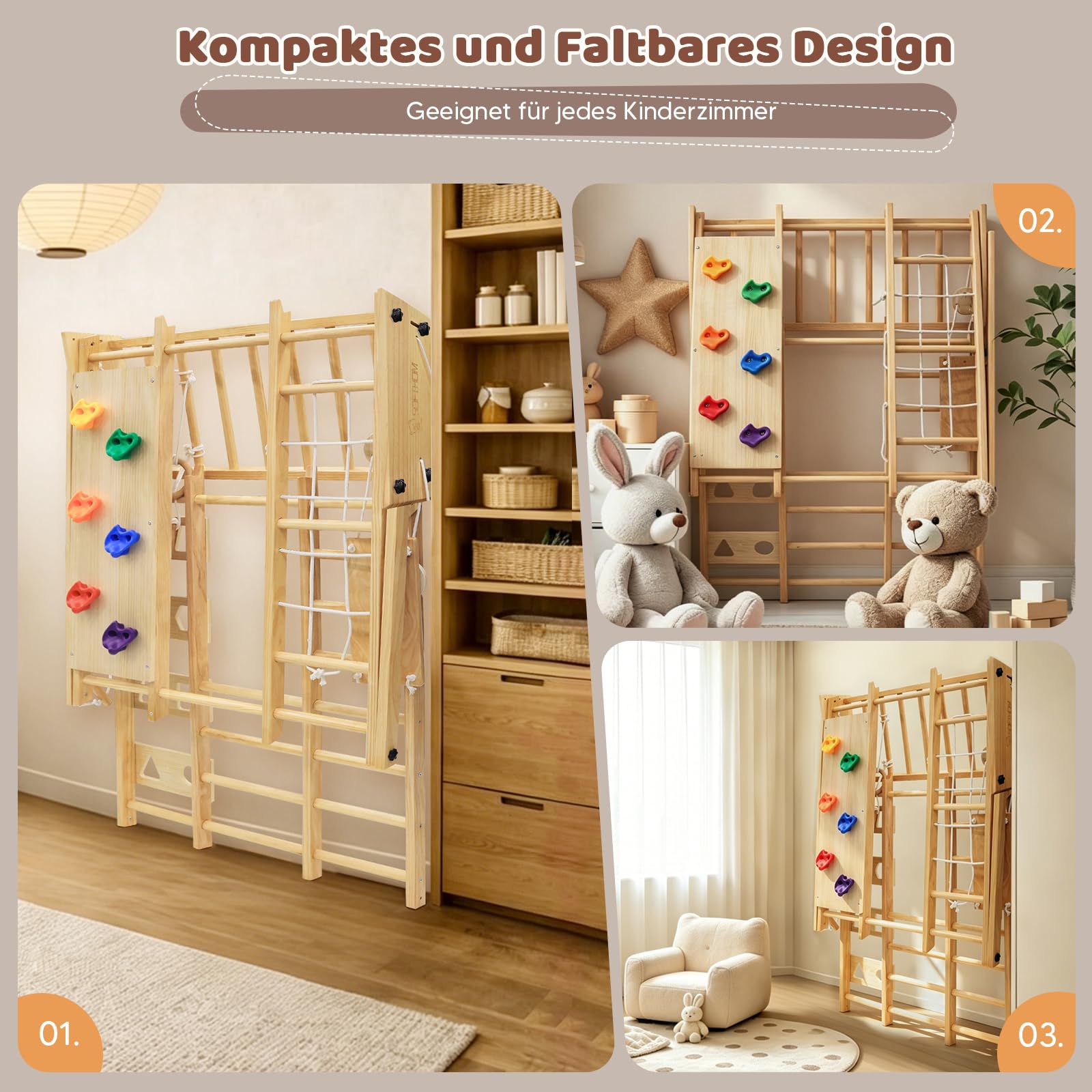 Maxi Estructura de Escalada de Interior, 10 en 1 Multifuncional Estructura de Escalada para Niños, Impermeable&Plegable, Montessori Set de Escalada de Madera, Monopatín, Balancearse