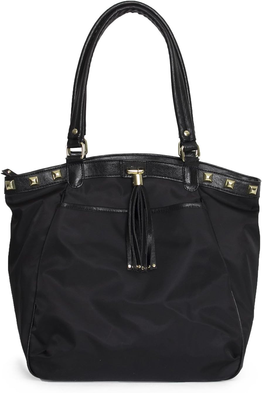 Olivia and Joy Womens Fashion Designer Handbags Rosine Nylon Studded Tassel Tote Shoulder Bag Black
