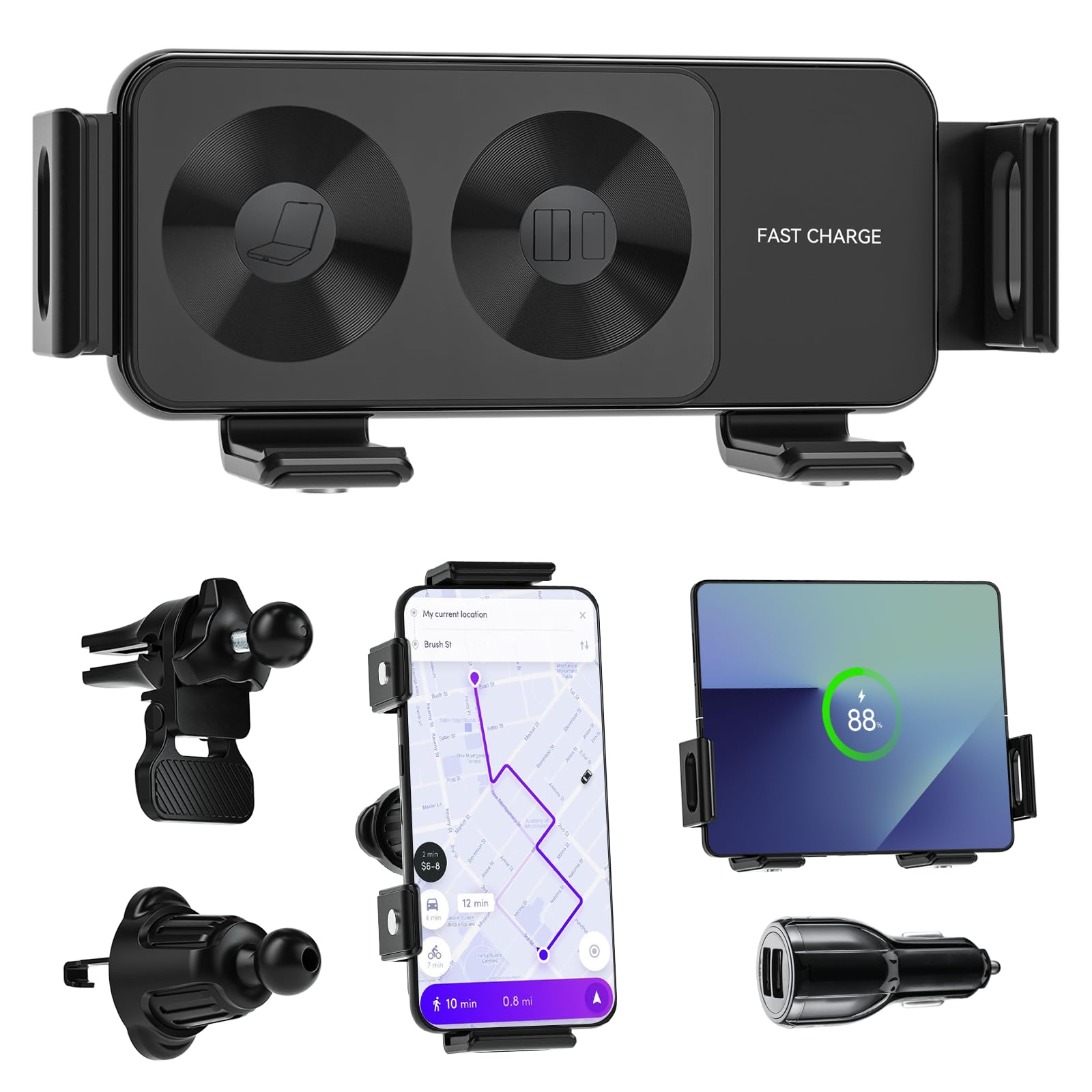 Supporto per auto con caricabatteria wireless rapido QC 3.0 a doppia bobina da 15 W Olycism con funzione di ricarica per Z Fold/Flip 7/6/5/4/3, supporto per auto rotante automatico