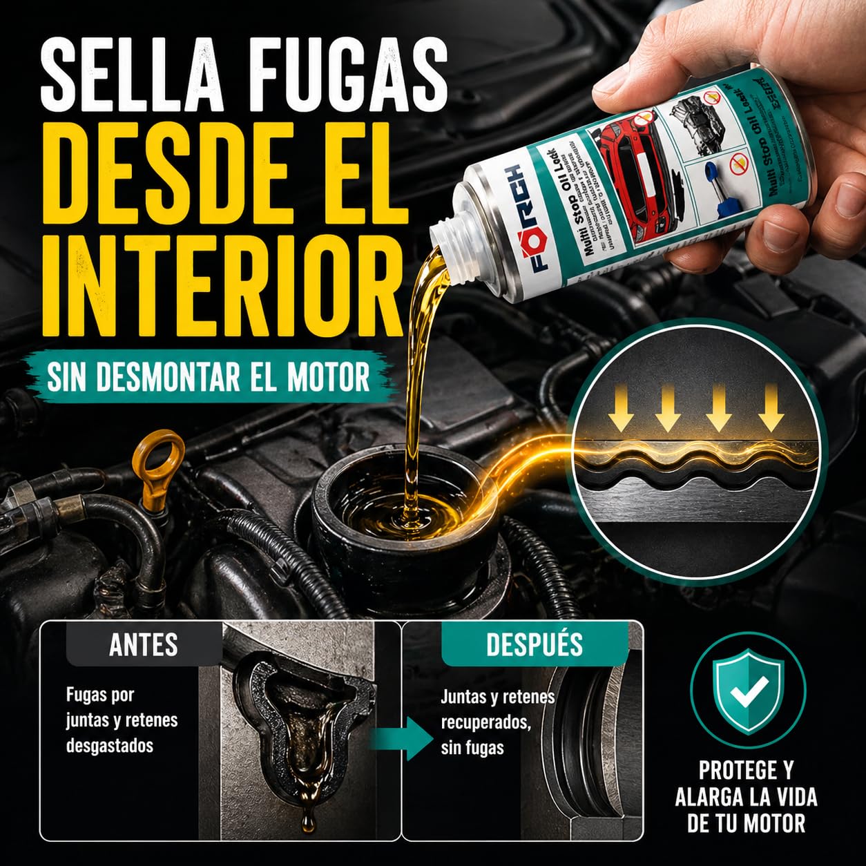 FORCH Tapa Fugas Aceite Coche, antifugas Motor y transmisión, Stop Leak Que repara Fugas sin Desmontar, válido para Motor, Caja de Cambios y dirección, 250 ml (3)