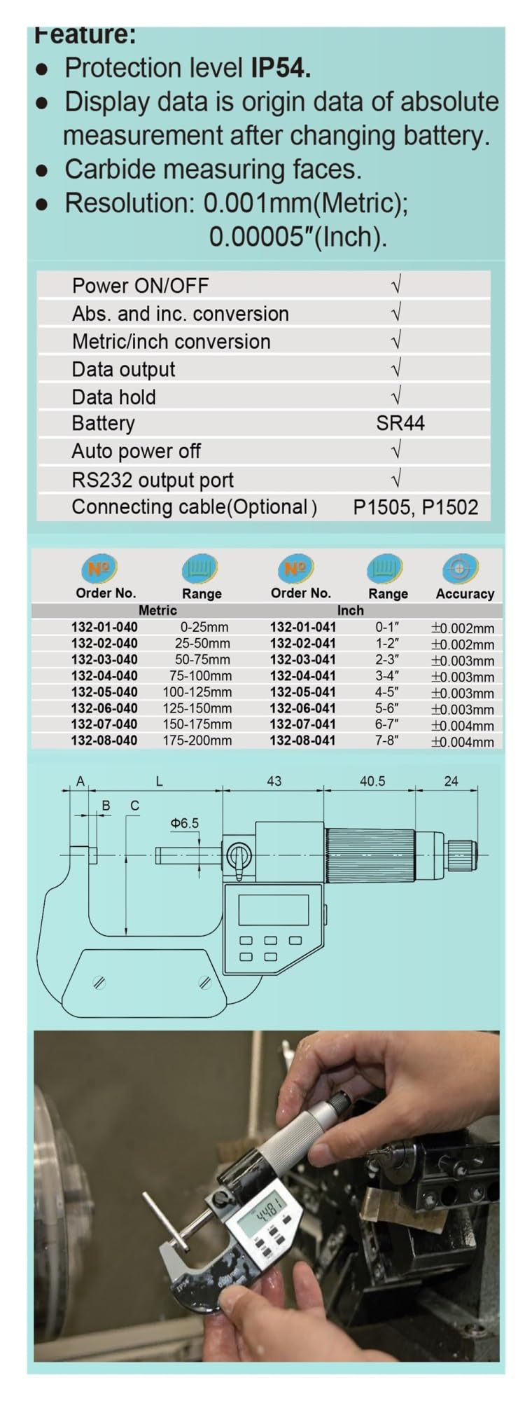 0 ~ 25 25-50 50-75 75-100 100-125 125-150 mm elektroniczny cyfrowy mikrometr zewnętrzny dwa przyciski zewnętrzne 132-01-040 (132-05-040 100-125mm)