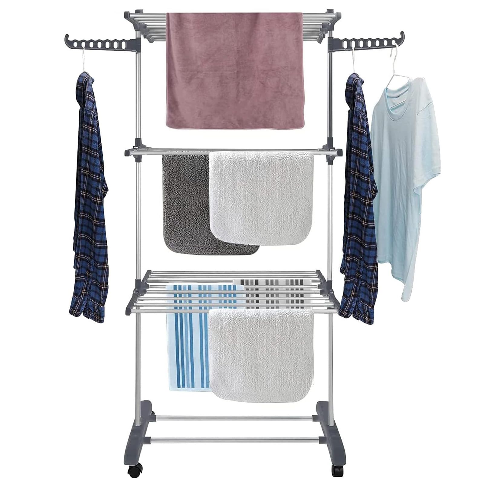 Baoly Clothes Drying Rack, Large 4-Tier Foldable Drying Rack Clothing(67.7H x 19.7W x 30L Inches), Movable Drying Rack with 4 castors. Multifunctional Stainless Steel Laundry Drying Rack, Blue (Gray)