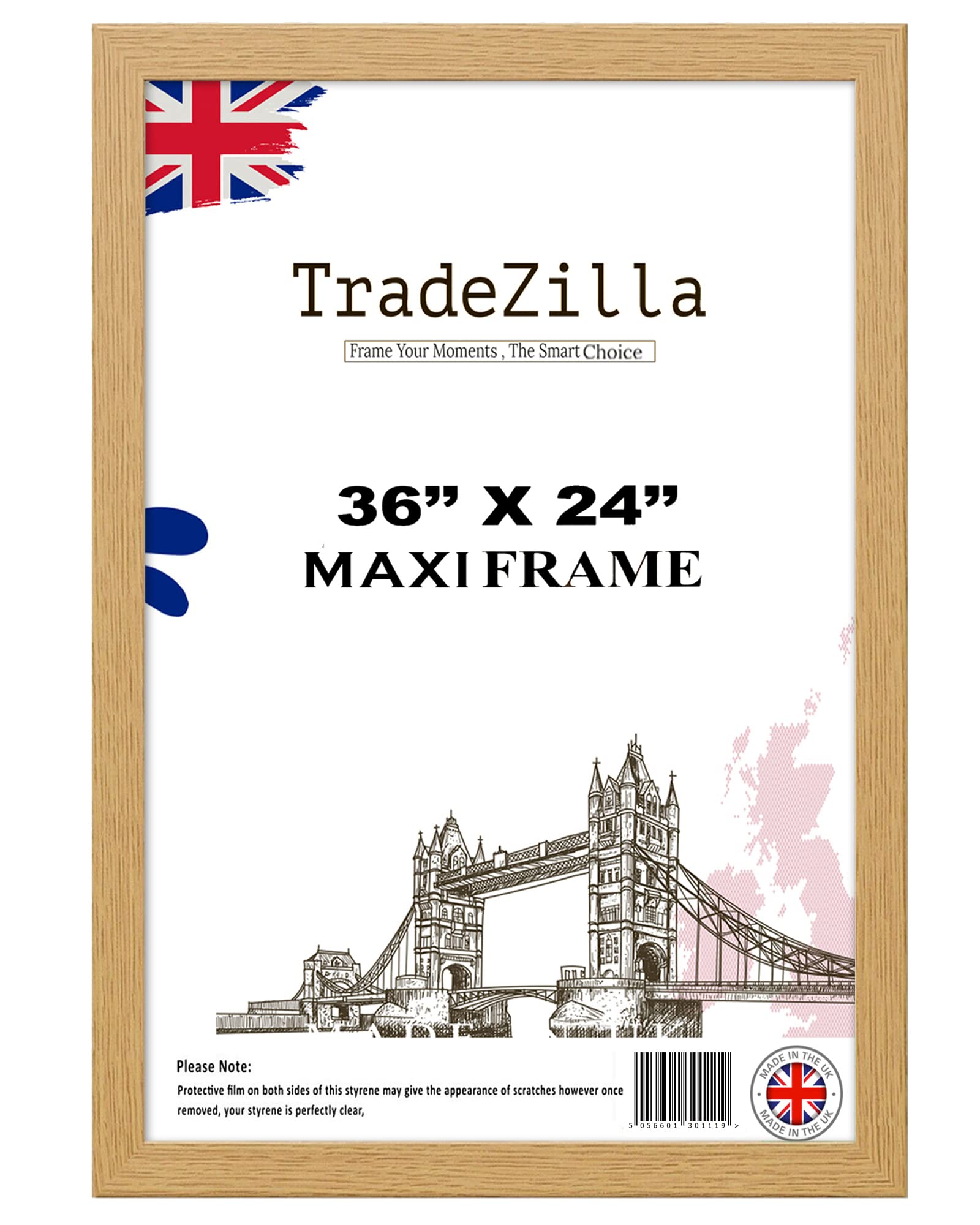 TradeZilla - Modern Large Oak Maxi Poster Frame 61 x 91.5 cm (36 x 24 Inch) Picture Frames| Solid MDF Wood| Perfect For Gifting |Wall Gallery Art |Home/Office Decor (Oak)
