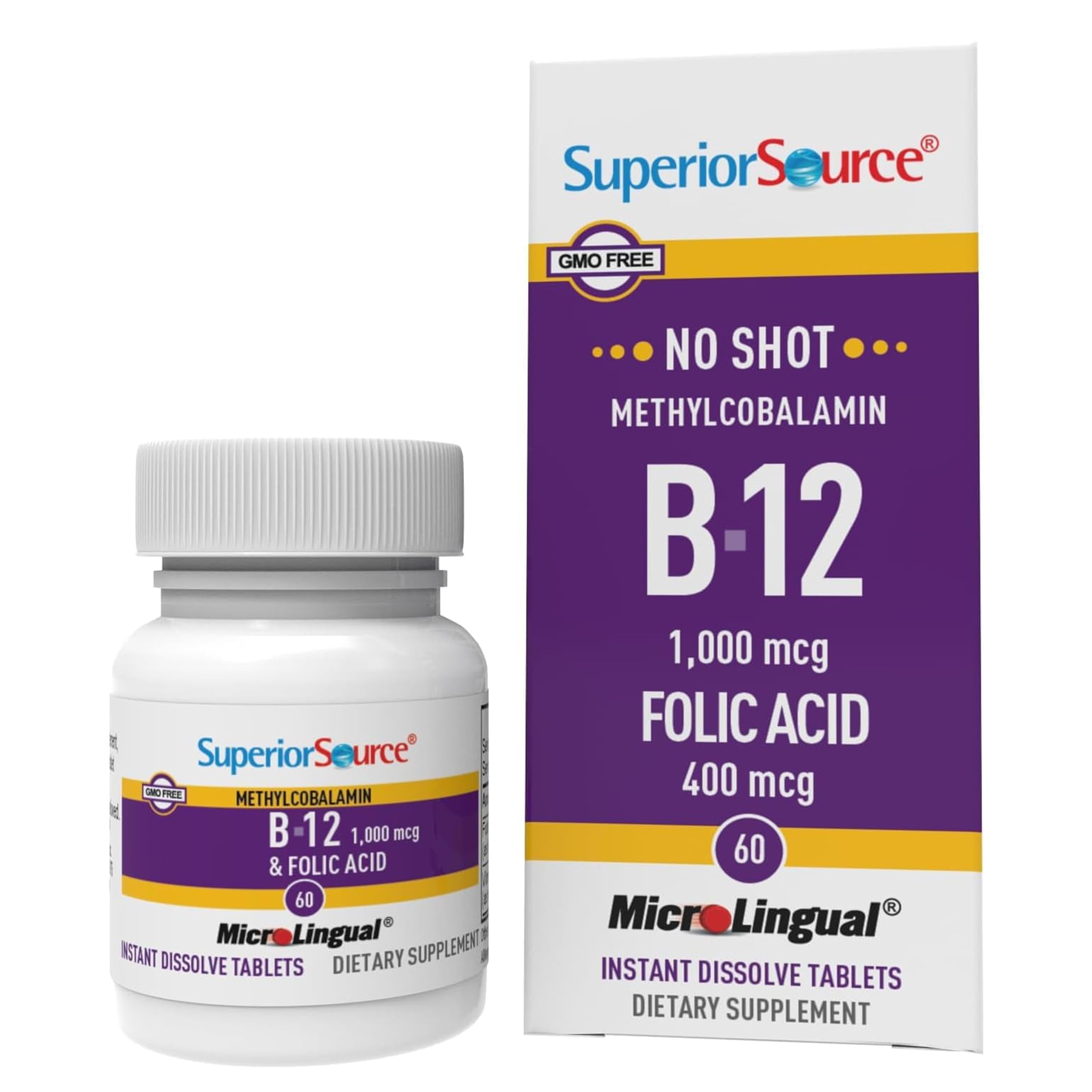 Superior Source No Shot Methylcobalamin B12 with Folic Acid Multivitamin, 60 Count 60 Count (Pack of 1)