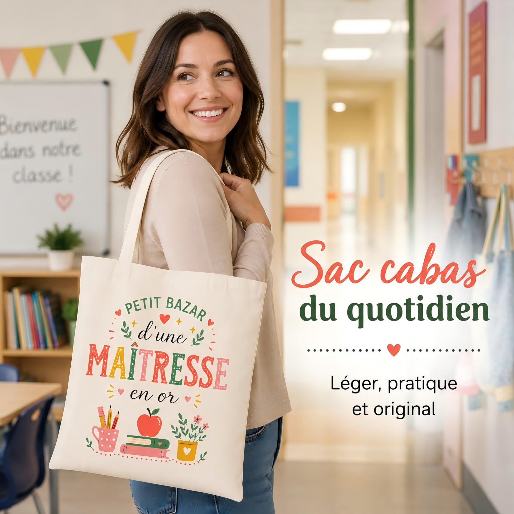 Tote Bag Cadeau Maîtresse d'École, Idée Cadeau Maîtresse Original, Joyeux Noël à la Maîtresse, Sac Cabas Cadeau Fin d'Année et Noël