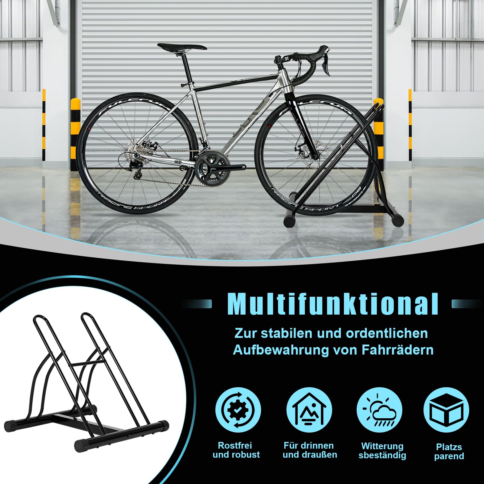 WOLTU Soporte para Bicicletas, Aparcameinto para 2 Bicicletas en Extereior, Soporte para Neumáticos de Máx. 60 mm, Metálico, para Patio, Garaje y Jardín, Negro