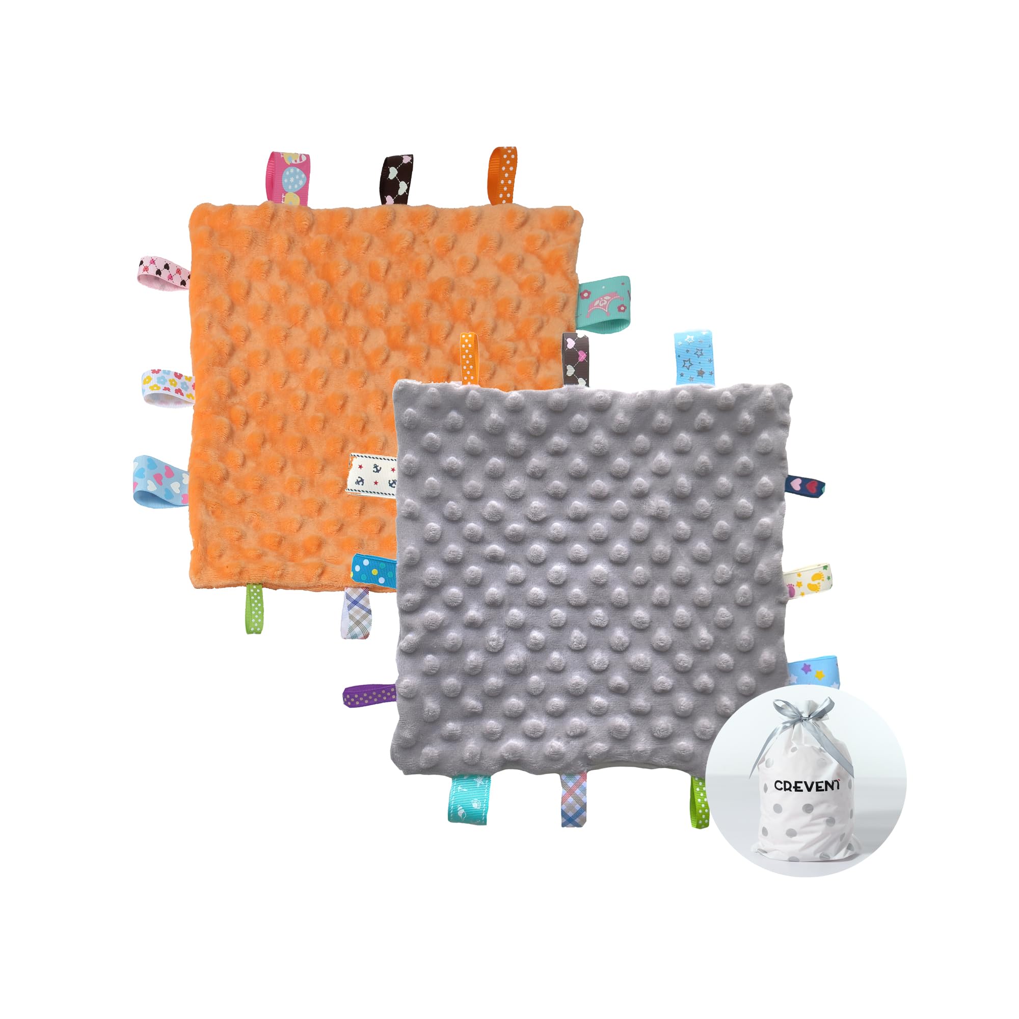 CREVENT Tag Sicherheitsdecken für Babys, weiche kleine Lieben für Mädchen, Baby-Tröster, sensorische Decke, tolles Geschenk für Geburtstag, Babyparty, 25,4 x 25,4 cm (Grau + Orange)