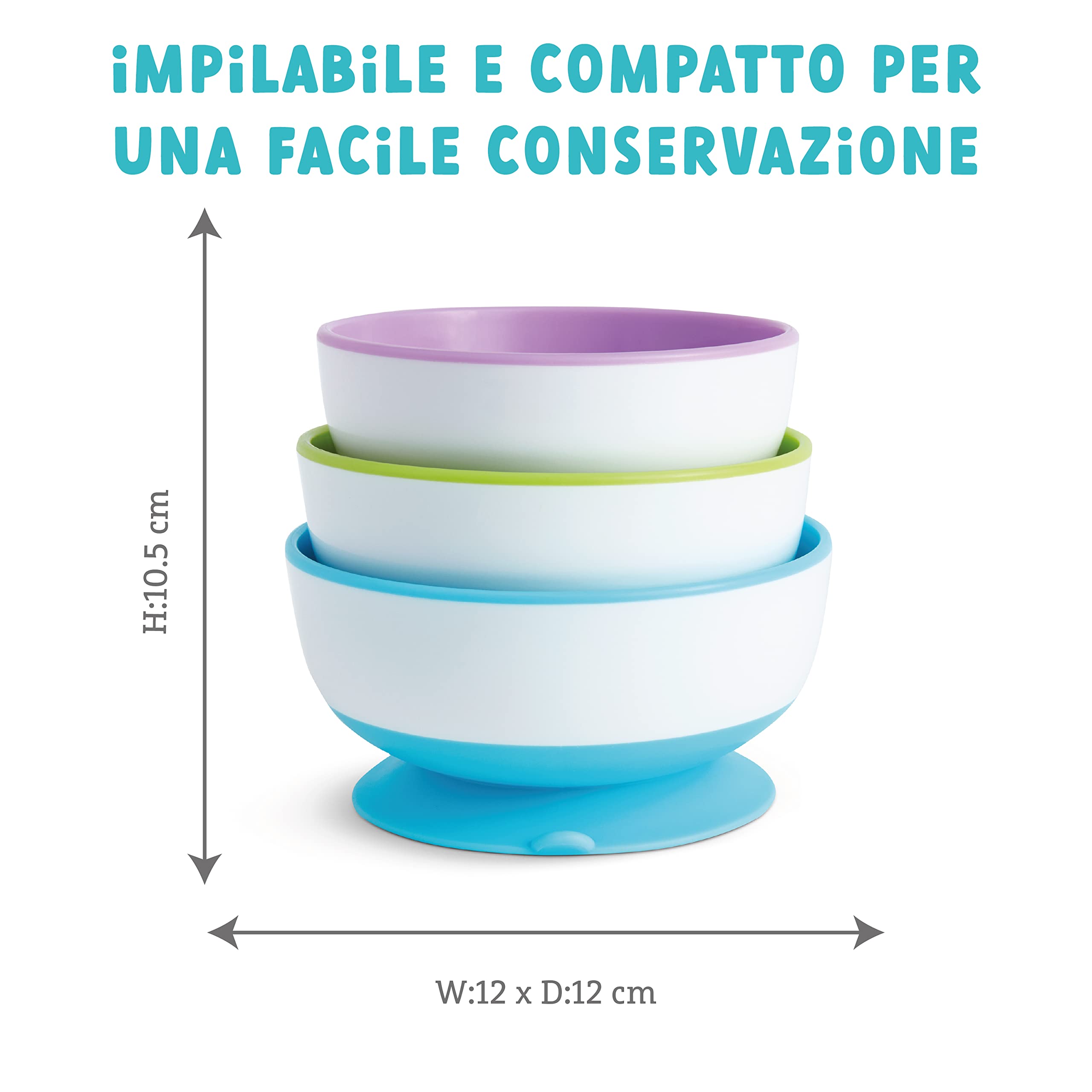 Munchkin Stay Put Baby Set di Ciotole con Ventosa, Set di ciotole per bebe per svezzamento , Ciotola con ventosa per alimentazione , Set di svezzamento per bambini da 6 Mesi+ , Senza BPA , 3 Pezzi