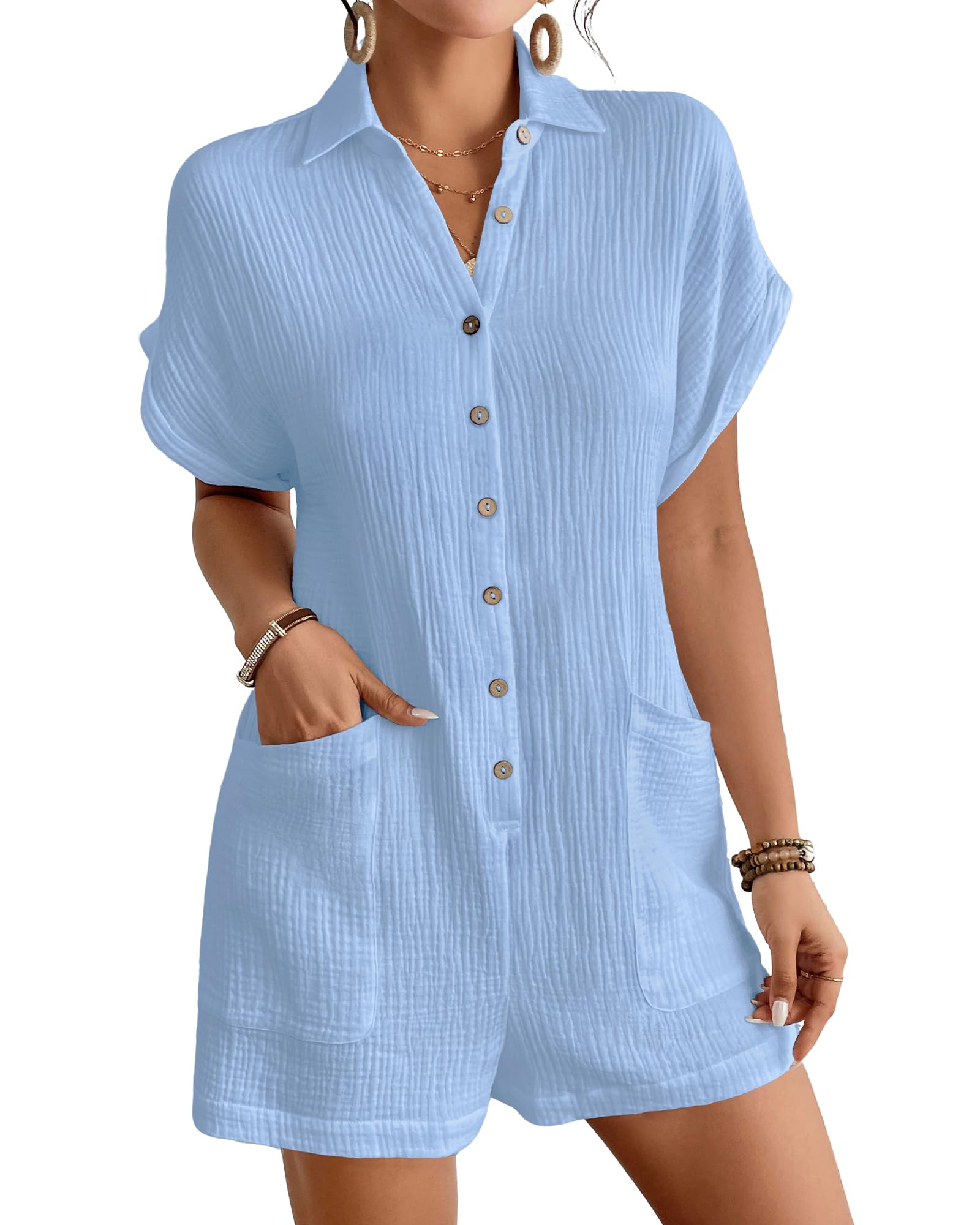Bsubseach Womens Rompers For Summer 2026 Shorts Jumpsuit Short Sleeve Button Down Romper With Pockets Beach Vacation Outfits