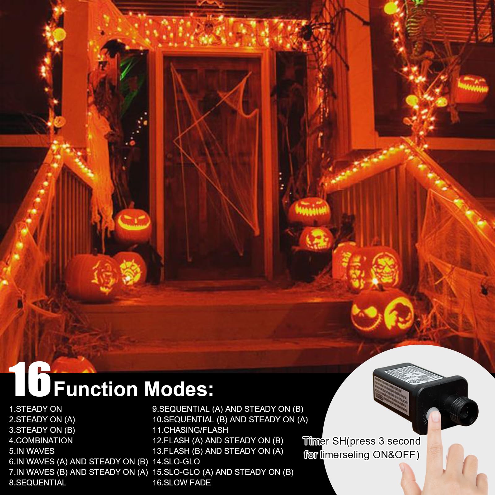 LAMPHOME 30 m di luci per Halloween, 300 LED trasparenti, filo stellato con spina, 16 modalità di illuminazione per interni ed esterni, albero di Natale, decorazione per feste di nozze (arancione)