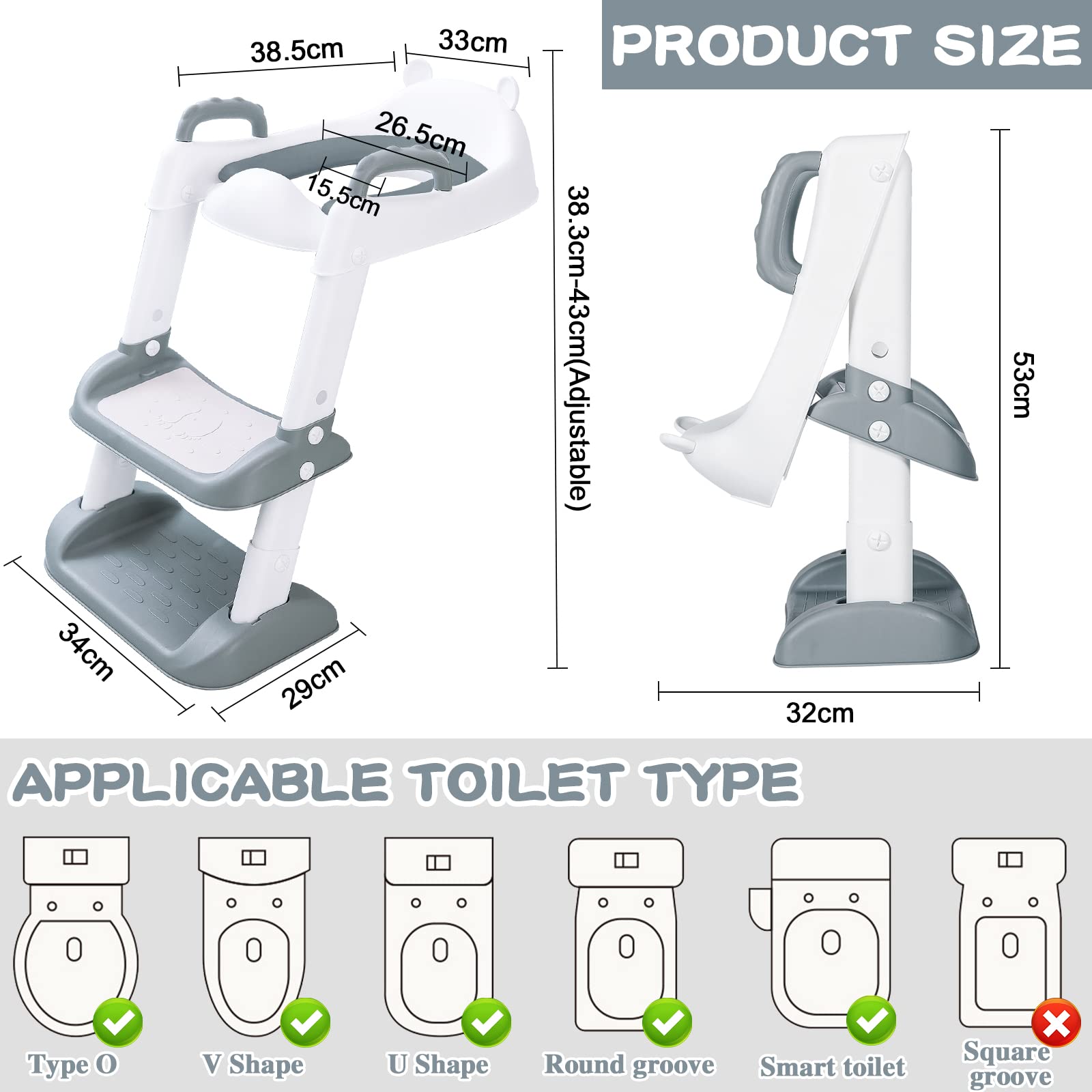 Réducteur Toilette Enfant avec Escalier,WC, Siège avec PU Coussin Moelleux,Robuste, Pliable et Réglable,Adapté aux Toilettes en Forme de V, U, O