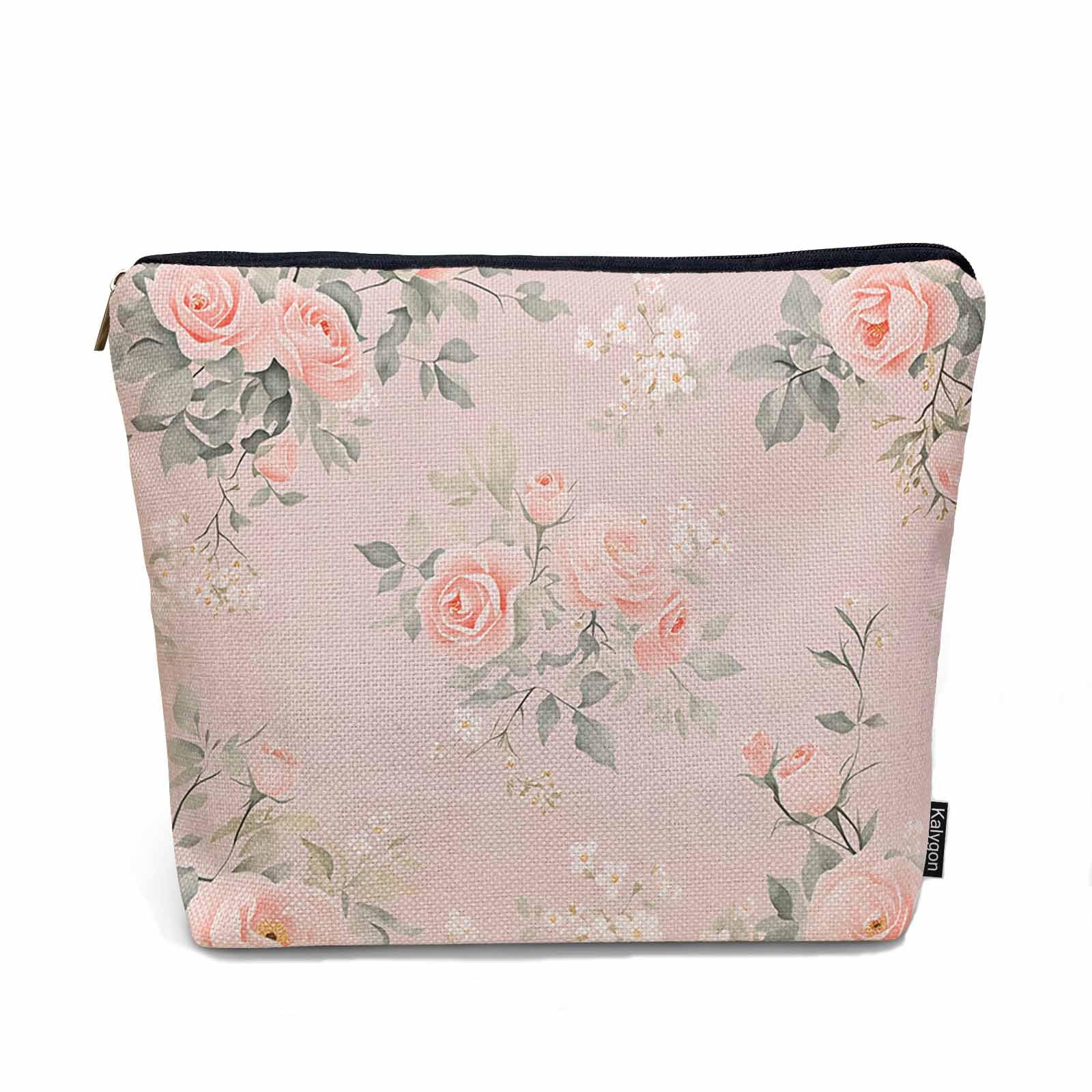 Kalygon Makeup Bag For Purse Rose, Watercolor Floral Bouquet Roses Pink Cosmetic Bags For Women With Zipper Travel Toiletry Pouch Makeup Bags Makeup