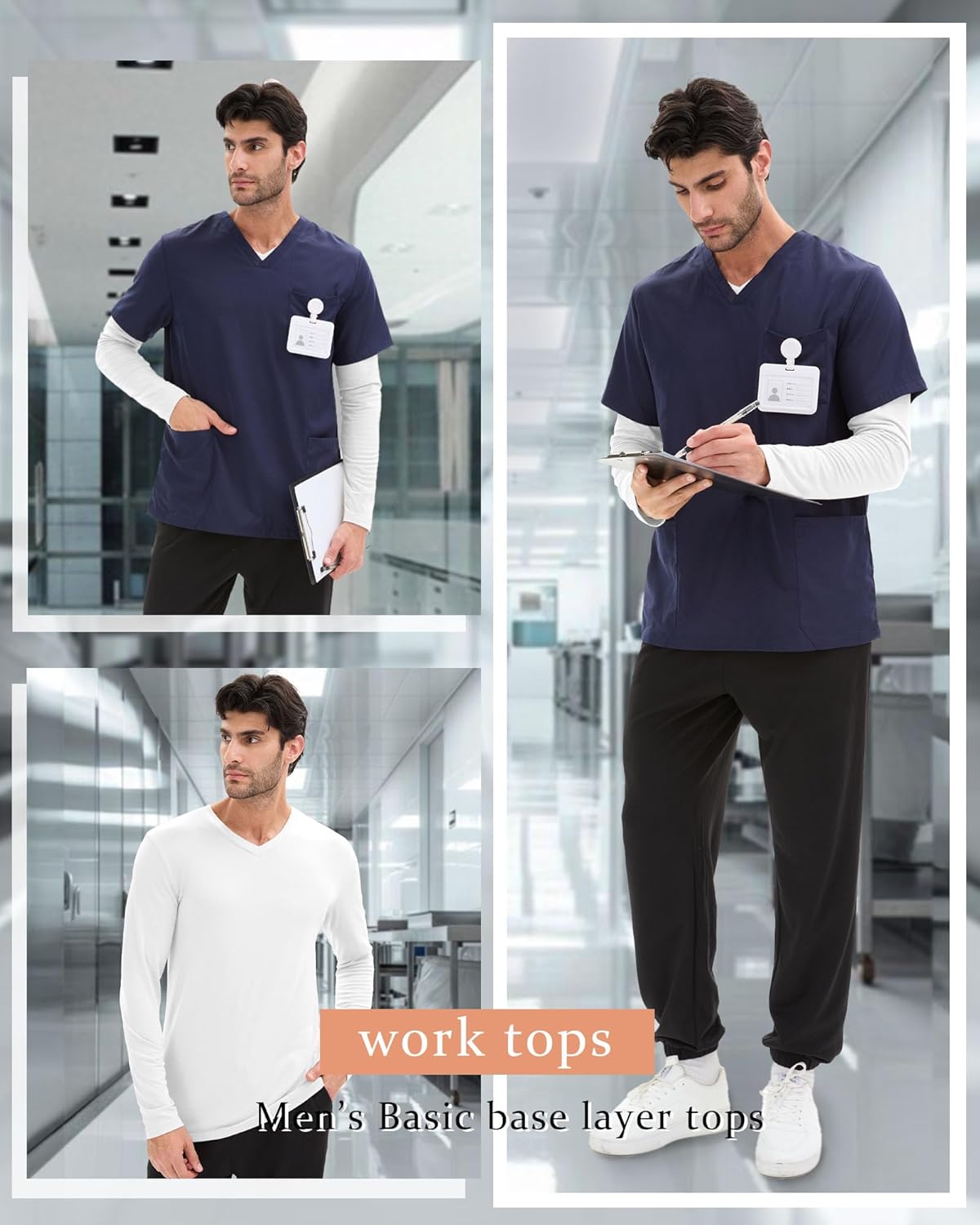 3 Pack Men's Big and Tall Undershirts Long Sleeve V Neck Shirts Base Layer Comfort Basic Tops Under Scrubs