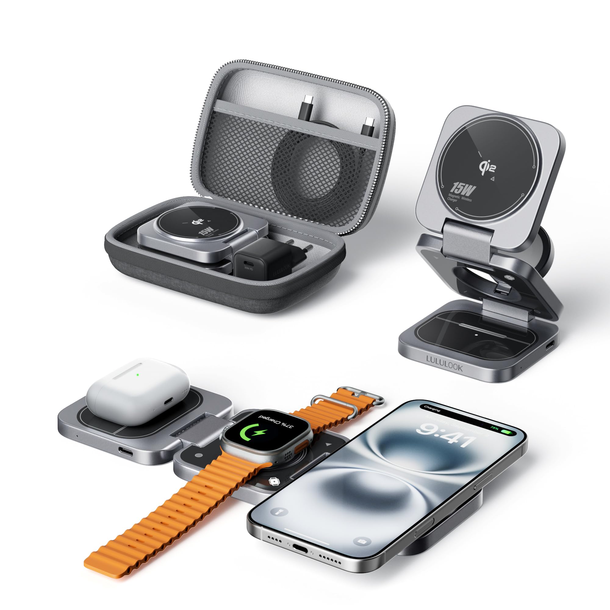 [MFi] Qi2 stacja ładująca 3 w 1, Apple z Made for Watch, podróżna składana, 15 W, MagSafe stacja ładująca do iPhone 17 Pro Max / 17 Air/17 Pro/17, 5 W ładowarka do zegarka Apple Watch Ultra 3, AirPods