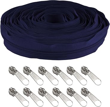 10 Yards #5 Nylon Coil Zipper Tape with 10 Metal Slider Pulls - Blue