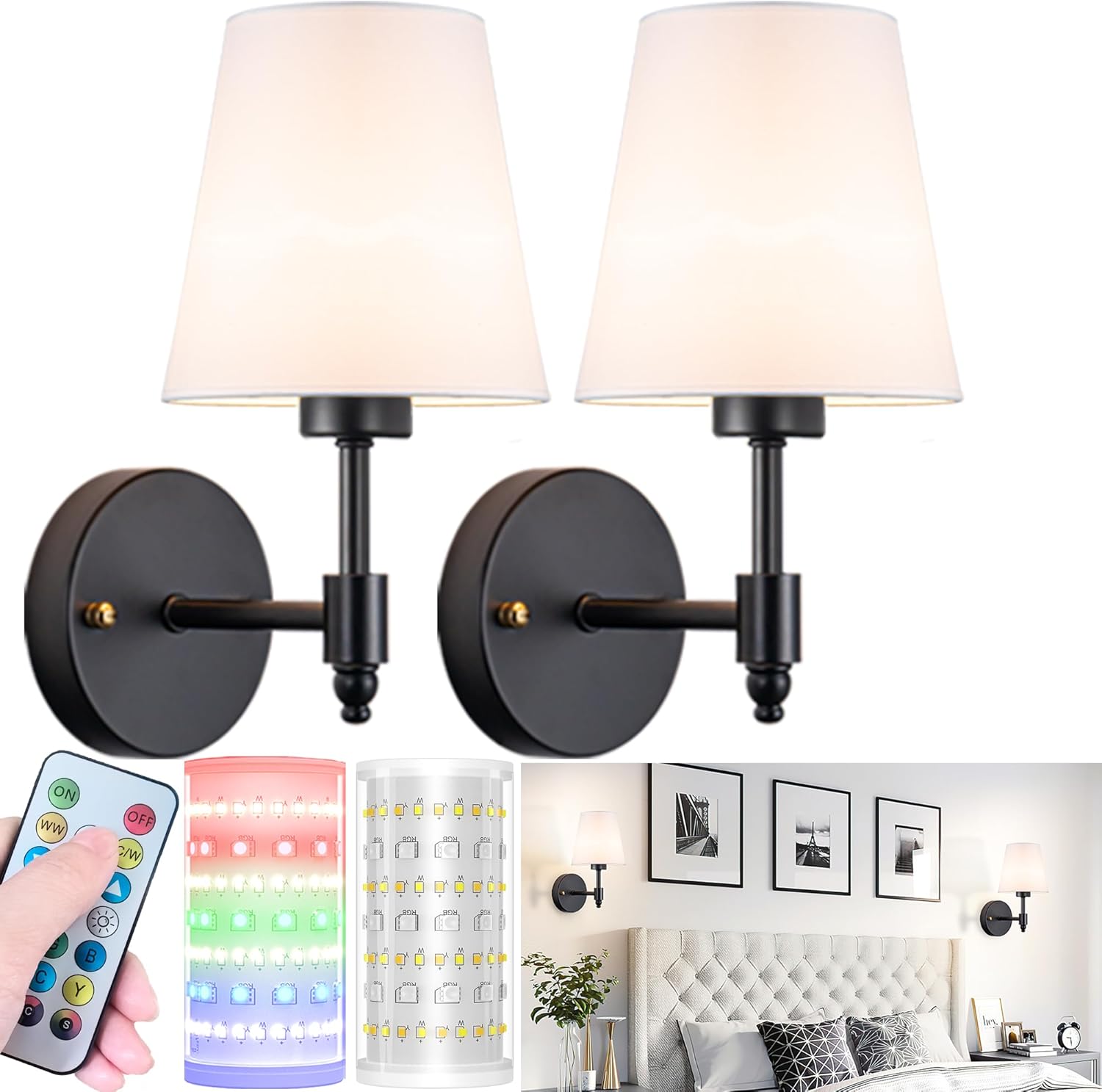 Battery Operated Wall Sconces Set Of Two, Wireless Battery Wall Light With 10000mAh RGB Rechargeable Magnetic Bulb, Rechargeable Wall Sconce With Remote Control For Bedroom, No Electrician Required Black
