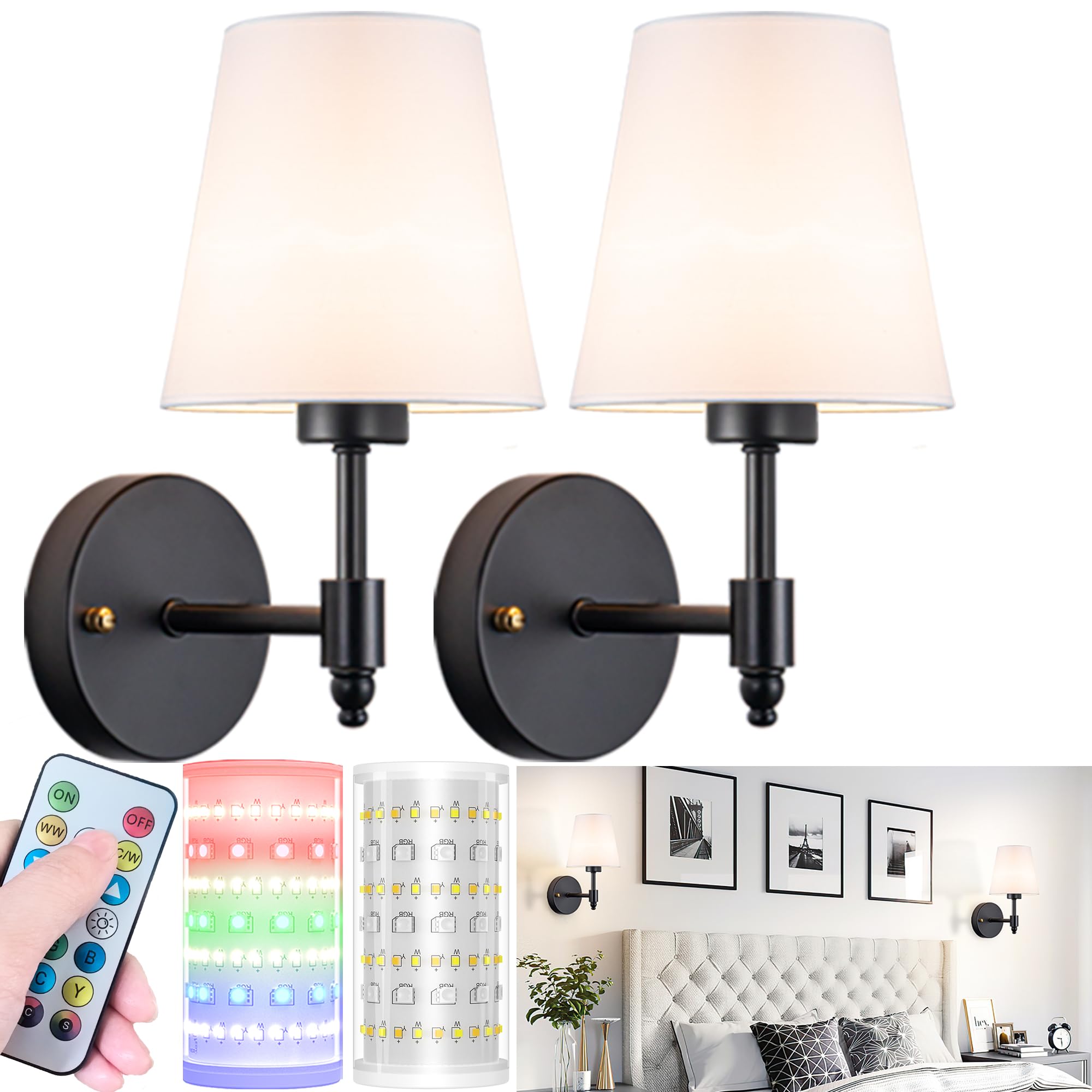 Sponsored Ad - Battery Operated Wall Sconces Set Of Two, Wireless Battery Wall Light With 10000mAh RGB Rechargeable Magnetic Bulb, Rechargeable Wall Sconce With Remote Control For Bedroom, No Electrician Required