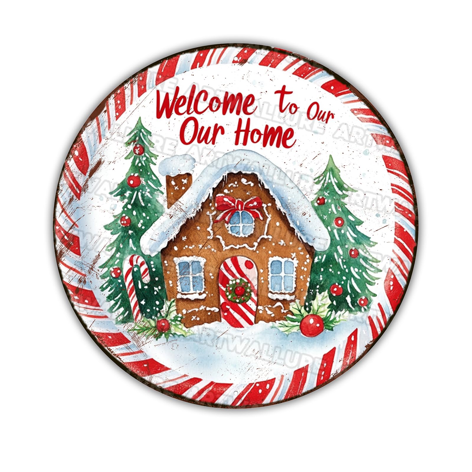 Gingerbread Man Welcome Sign Christmas Wreath Sign Round, Fun Home Decor for Front Door, Kitchen Wall, and Festive Porch Decorations 8x8Inch