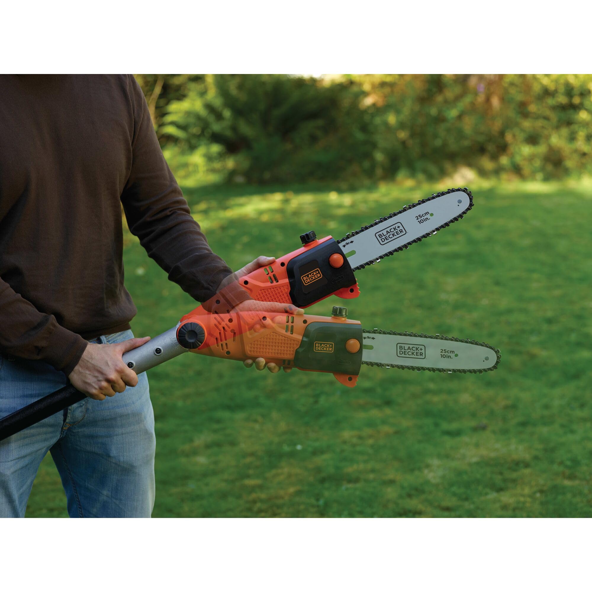 BLACK+DECKER Motosierra telescópica (pértiga), 800 W, 25 cm de longitud de espada, 2,7 m de longitud, 11 m/s, velocidad de cadena de 11 m/s, cabezal giratorio, PS7525-QS