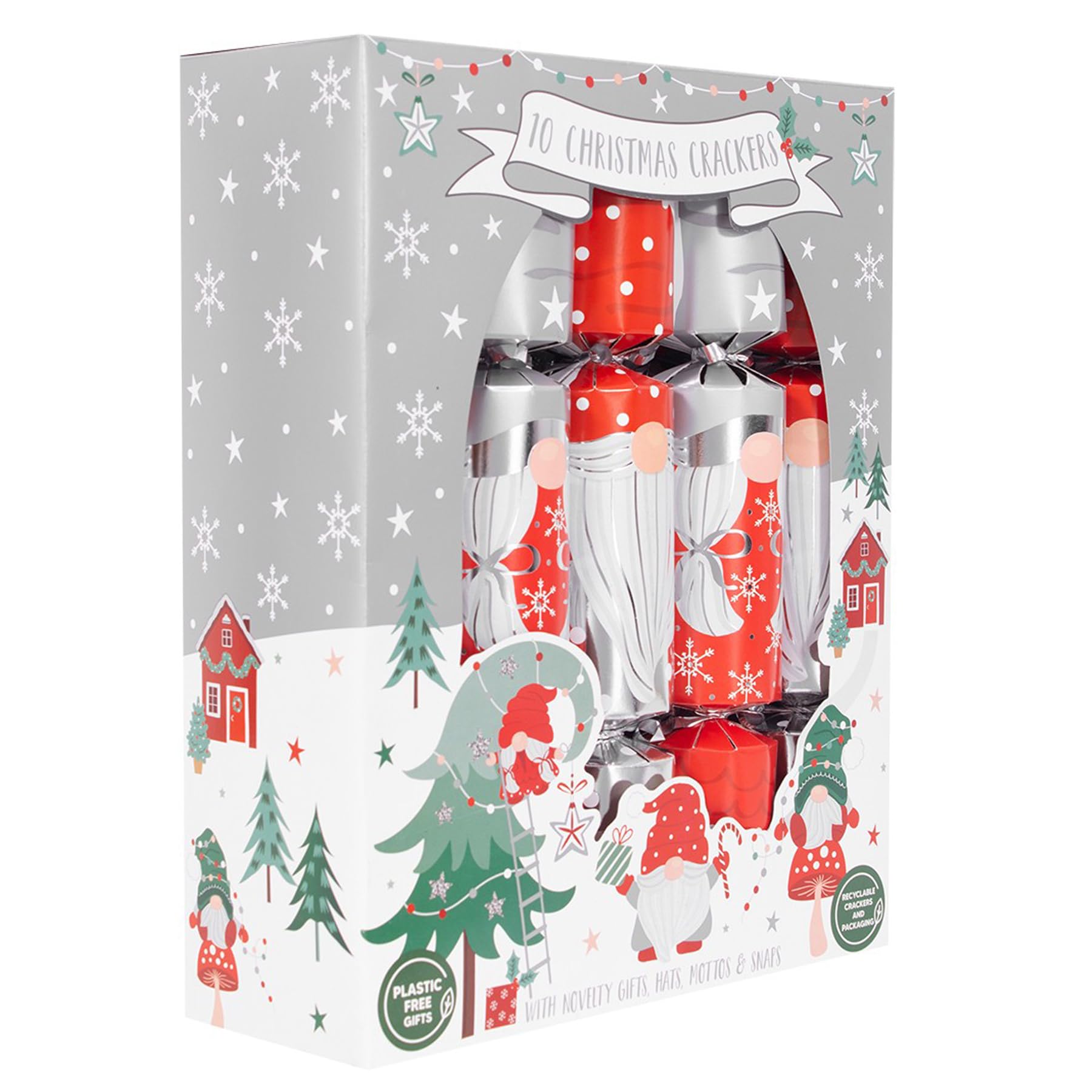 Widdle Gifts Blue Gonk 9282 Set Of 10 Christmas Crackers Festive Table Decor Scandinavian Print White And Red Xmas Tree Reindeer (Blue Gonk 9282)