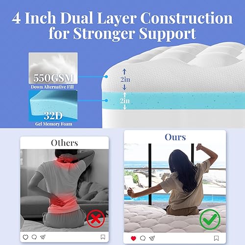 Miniatura 4 de OhGeni Cubrecolchón de doble capa de 4 pulgadas, espuma viscoelástica de gel y almohadilla superior suave de 2 pulgadas, funda de colchón, sueño