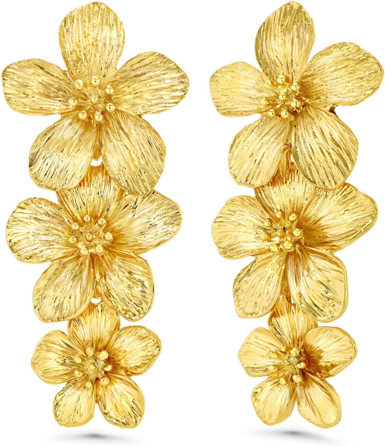 18K Gold Plated Large Chunky Flower Statement Earrings for Women by SNGIA, Summer Beach Floral Handmade Drop Jewelry, Maximalist Wedding Date Birthday Gift, Bold Exaggerated Textured Dangle Trendy Ribbed Jewelry, 18K Gold Plated Chandelier Fashion Accessories, Vintage Hammered Thick Nickle Free Gifts.