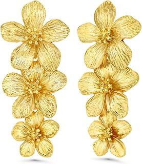 SNGIA 18K Gold Plated Chunky Flower Statement Earrings for Women - Bold Handmade Textured Drop Dangle Jewelry