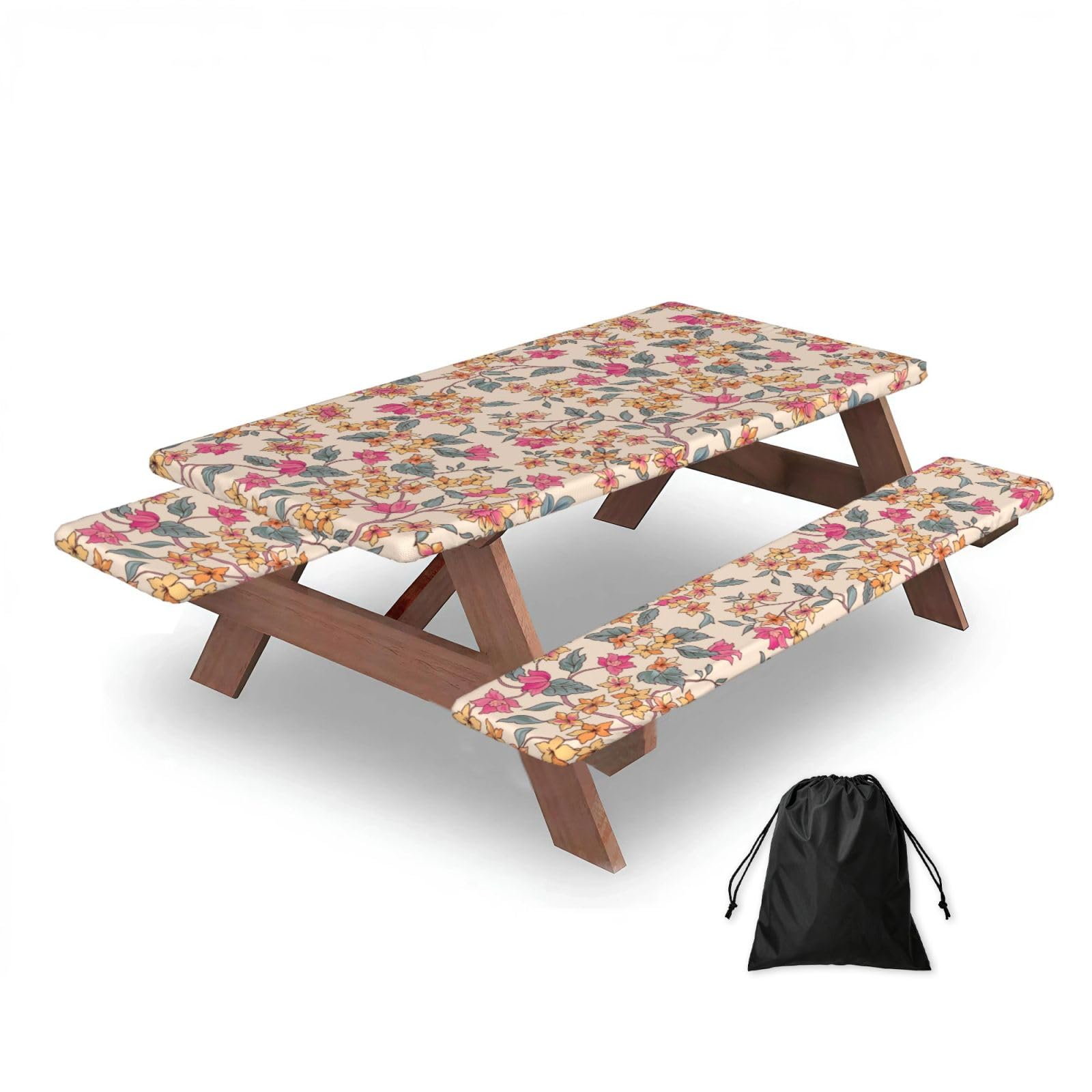 Dopklna As Picture Floral Flower Background, Picnic Table Cover With Bench Covers -Waterproof Elastic Fitted Tablecloth For Garden Camping Patio 76X152cm