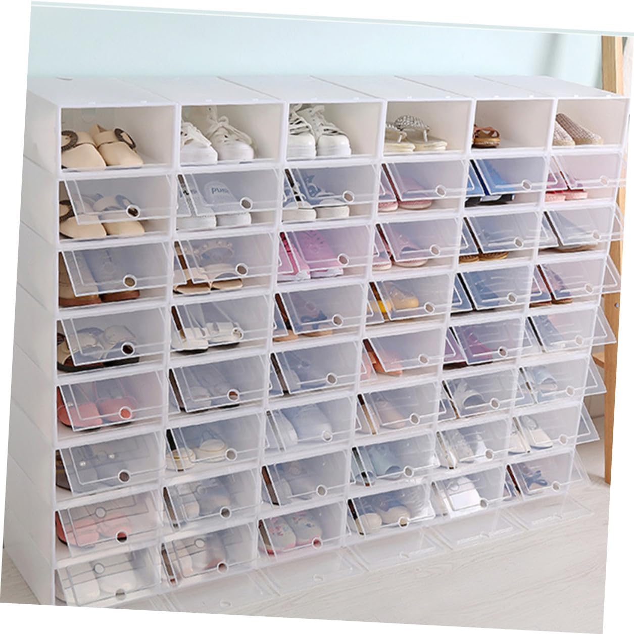 ULTECHNOVO 12 Stück Stapelbare Schuhkartons aus Dickem Kunststoff Größe L Transparent Weiß Schuhaufbewahrungsbox für Kleiderschrank und Schuhregal