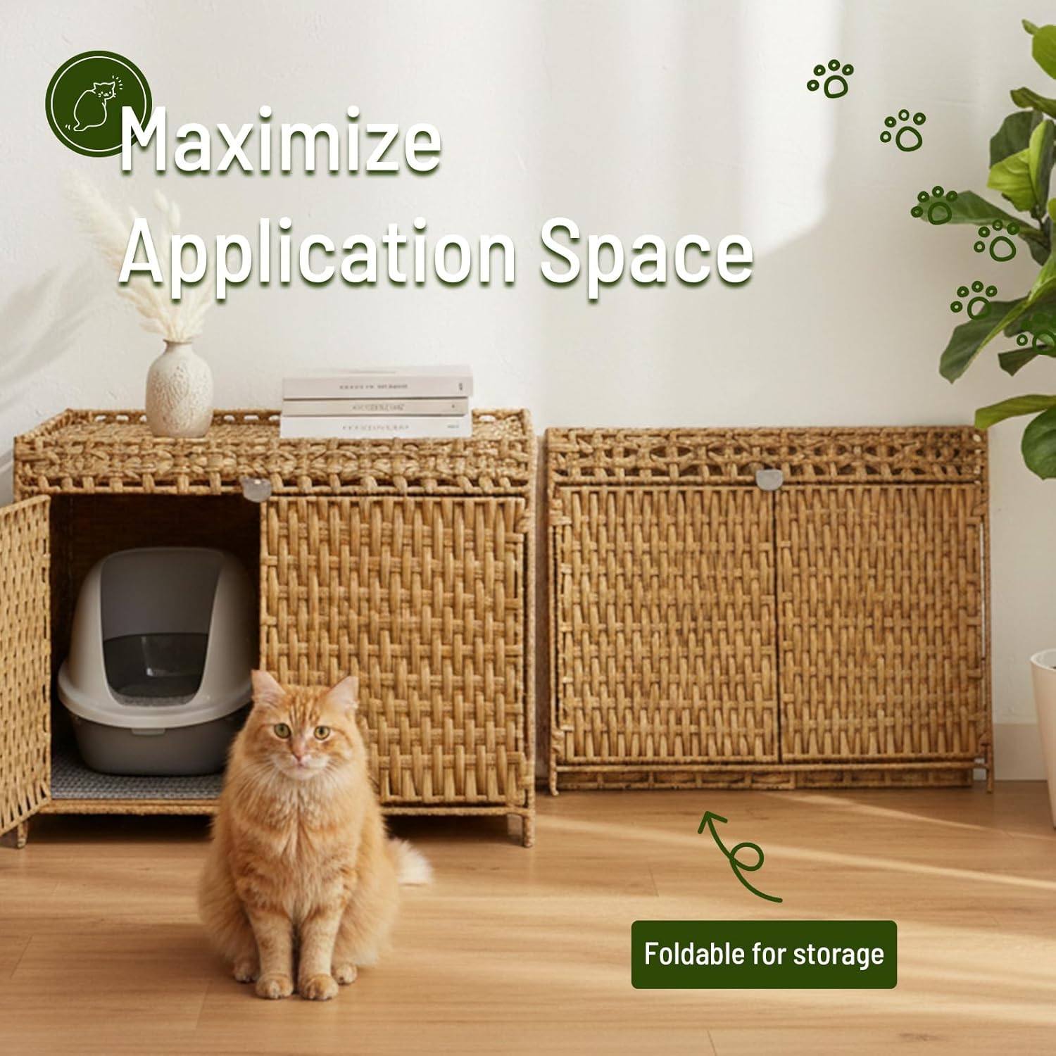 Neti Neti Cat Litter Box Enclosure Furniture, A Calm Enclosed Space Chosen by Cats, Handwoven Rattan Hidden Cabinet with 2 Removable Mats, Large Foldable Design for Indoor Use, Large, Natural