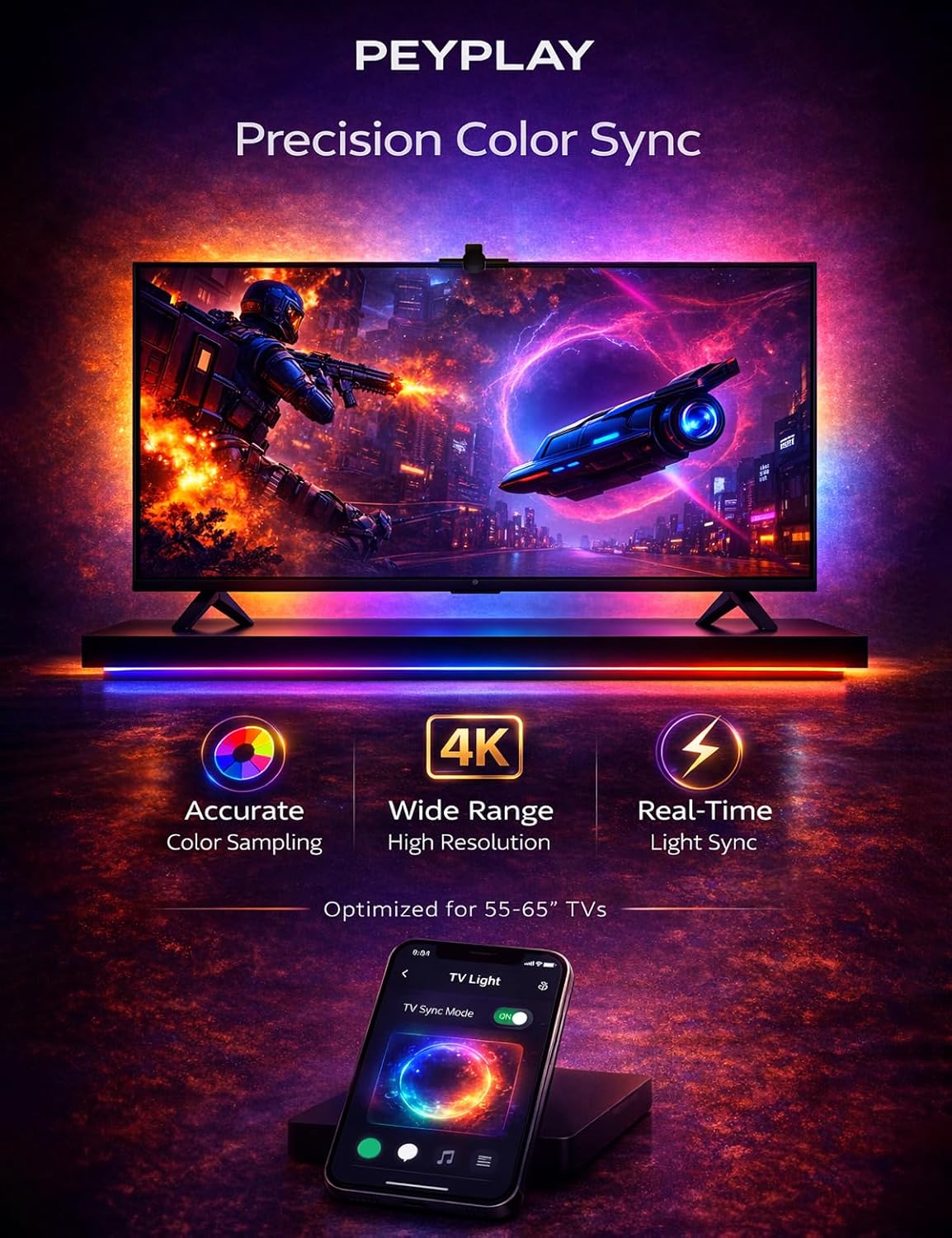 TV Backlight with Fish-Eye Correction Function Sync to 55-65 Inch TVs, 11.8ft RGB+IC LED Strip Lights with Camera, 3 Colors in 1 Lamp Bead, Voice and APP Control, Adapter
