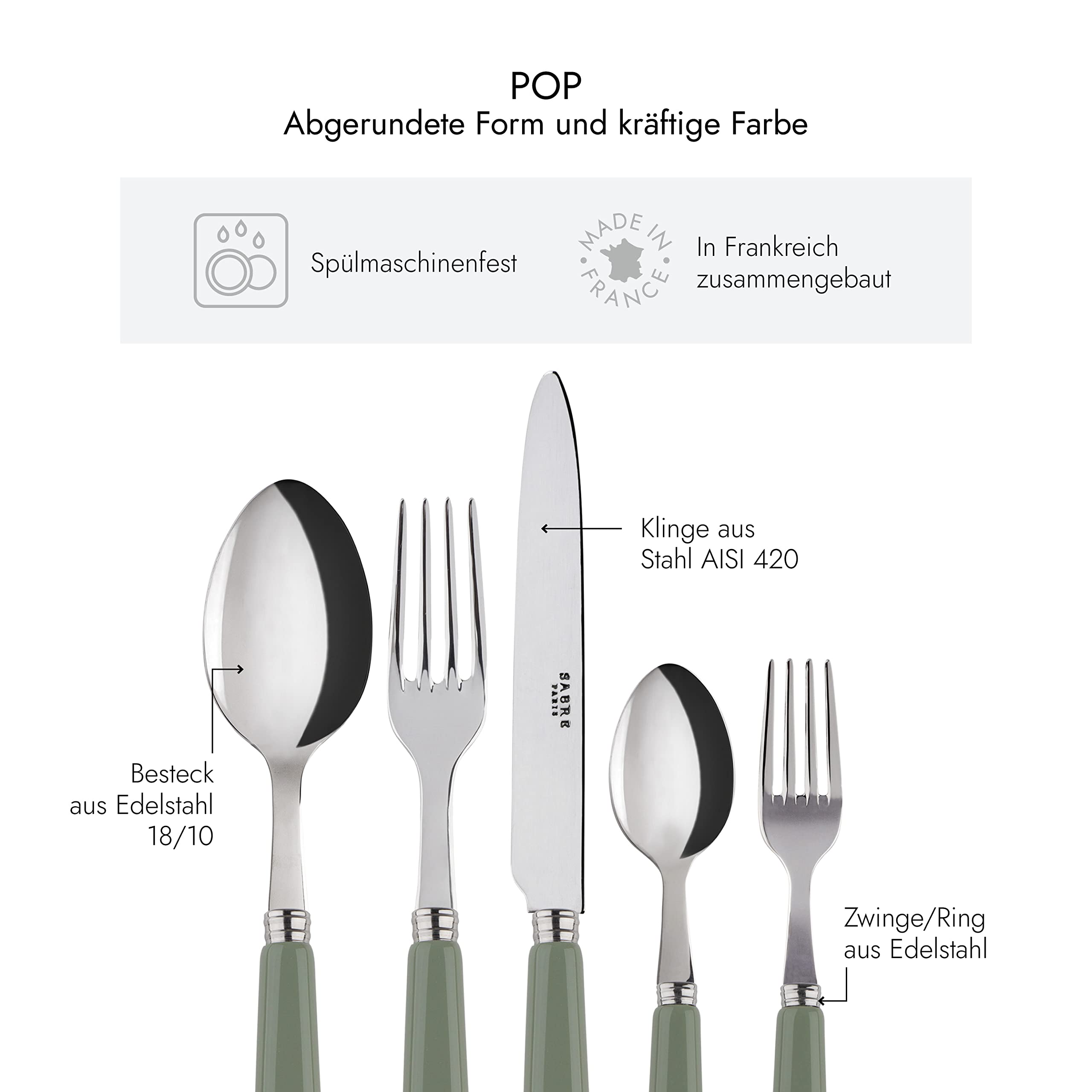 SABRE PARIS - Tafelbesteck-Set, 5-teilig - Pop - Messer, Gabel, Esslöffel, Teelöffel & Kuchengabel - Edelstahl & Acryl - Spülmaschinenfest - Spargel