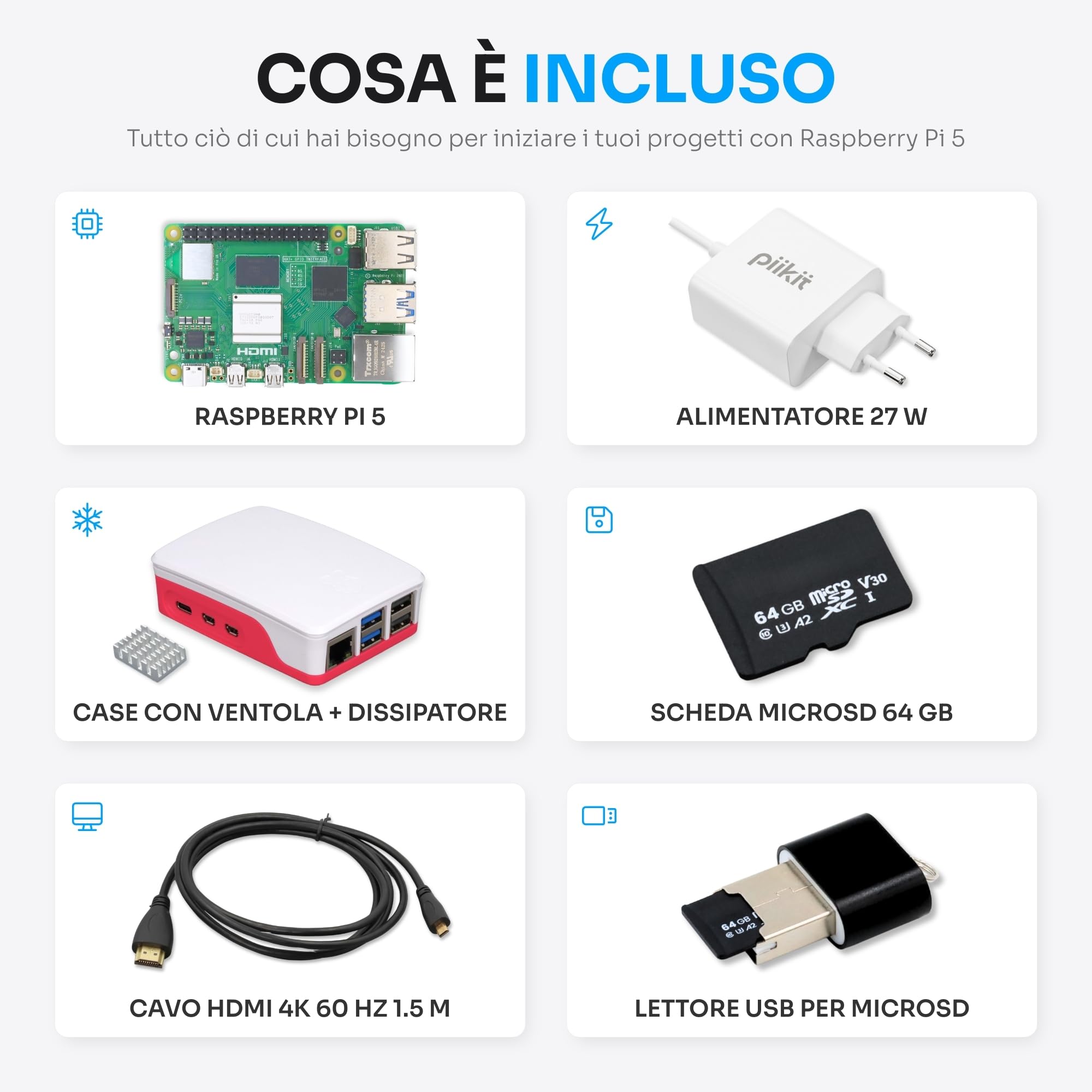 Starter Kit per Raspberry Pi 5 8 GB | Scheda MicroSD 64 GB | Alimentatore 27 W | Case con Ventola Integrata e Dissipatore di Calore | Cavo Micro-HDMI 4K 60 Hz