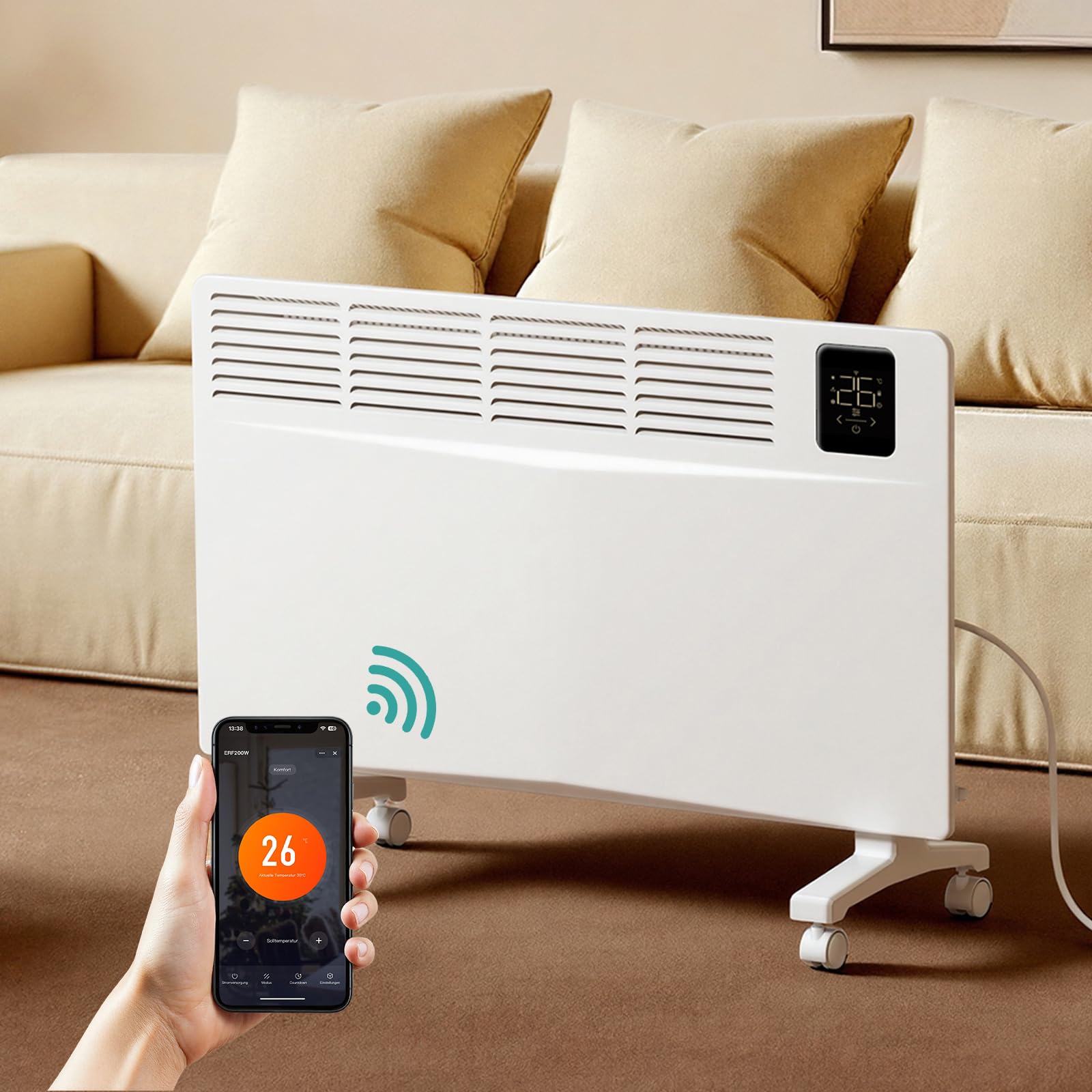 EMKE Radiatore Elettrico Intelligente 2000W Bianco – Convettore con WiFi e Controllo tramite App, Riscaldamento Elettrico a Basso Consumo, Montaggio a Parete o a Pavimento, 755×420×80 mm