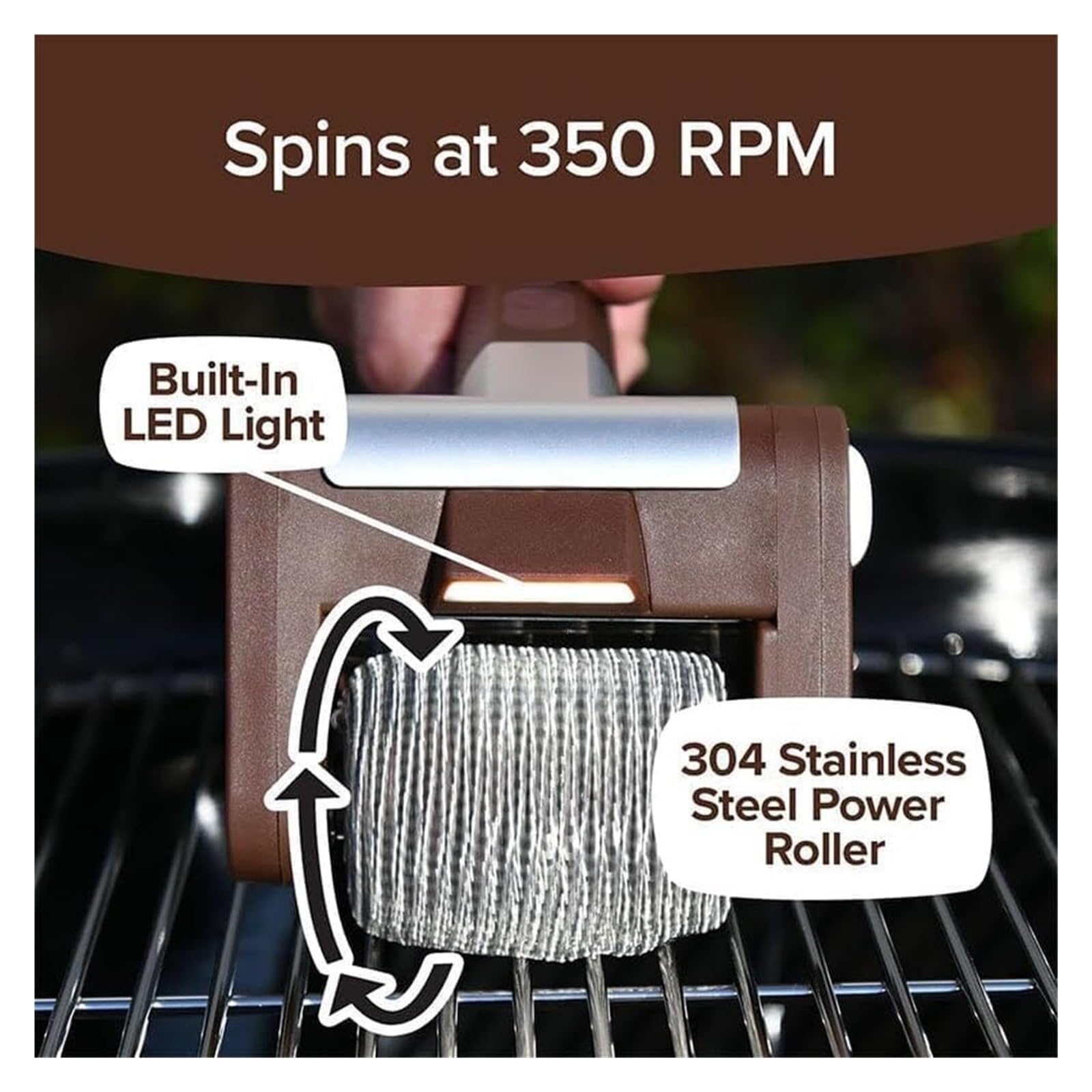 Limpiador de Parrilla eléctrico sin cerdas, Cepillo con LED y Mayor Tiempo de Funcionamiento, Rodillo eléctrico de Acero Inoxidable 304, 350 RPM