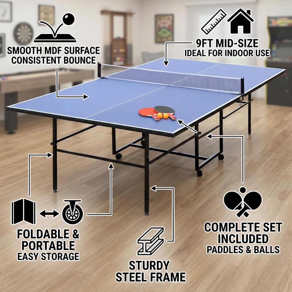9ft Mid-Size Table Tennis Table, Foldable Portable Ping Pong Table Set with Net, 2 Paddles and 3 Balls for Indoor, Compact Design with Smooth Bounce Surface