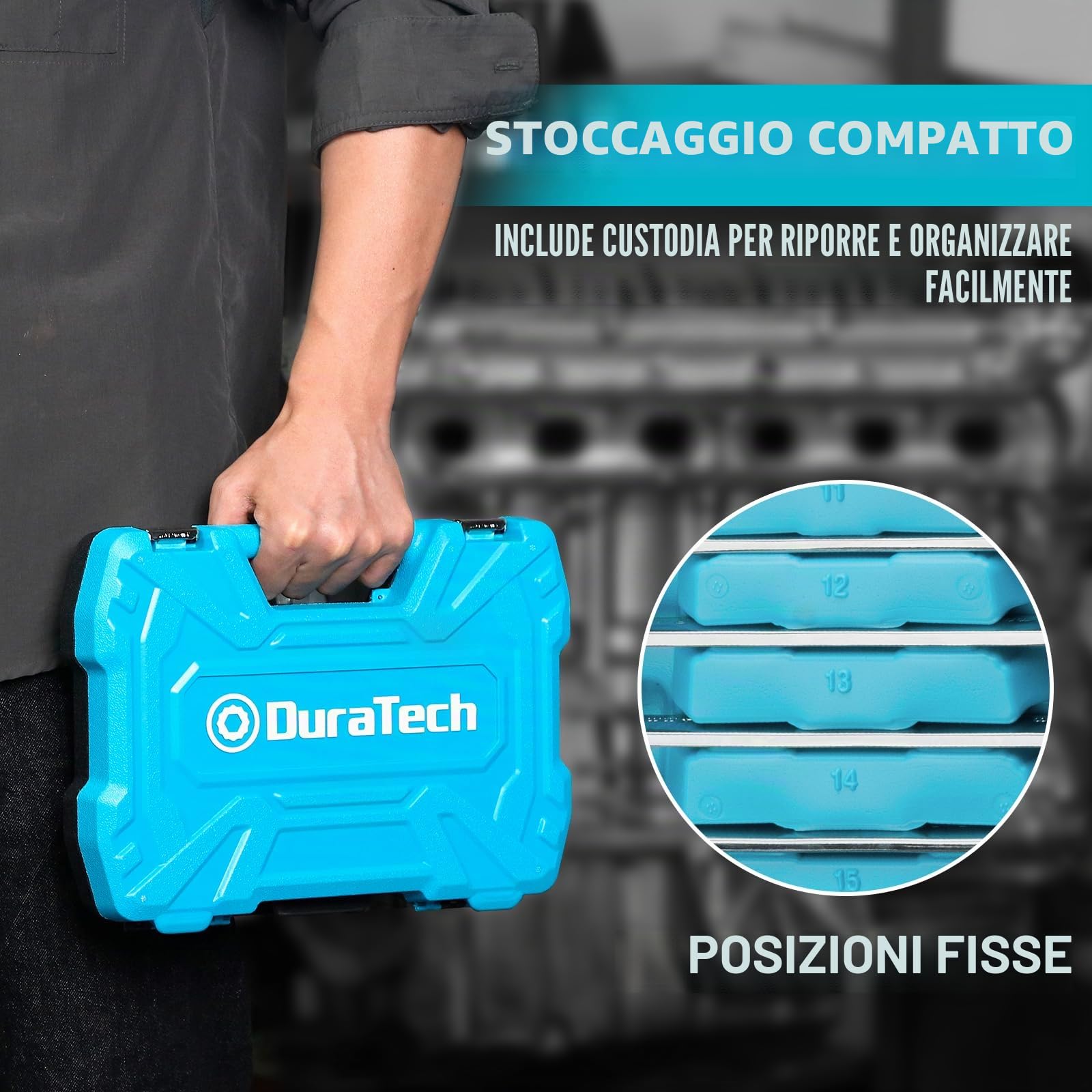DURATECH Set di Chiavi a Cricchetto, Set di Chiavi Combinate a Testa Fissa, Metrica, 10 Pezzi, 8-19mm, in Acciaio Cr-V, Organizzato in Valigetta Per il Trasporto